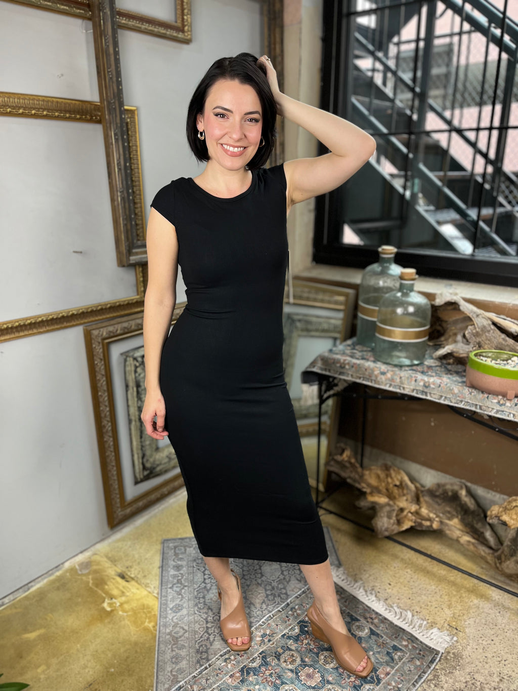 Jolie Black Short Sleeve T-Shirt Midi Dress