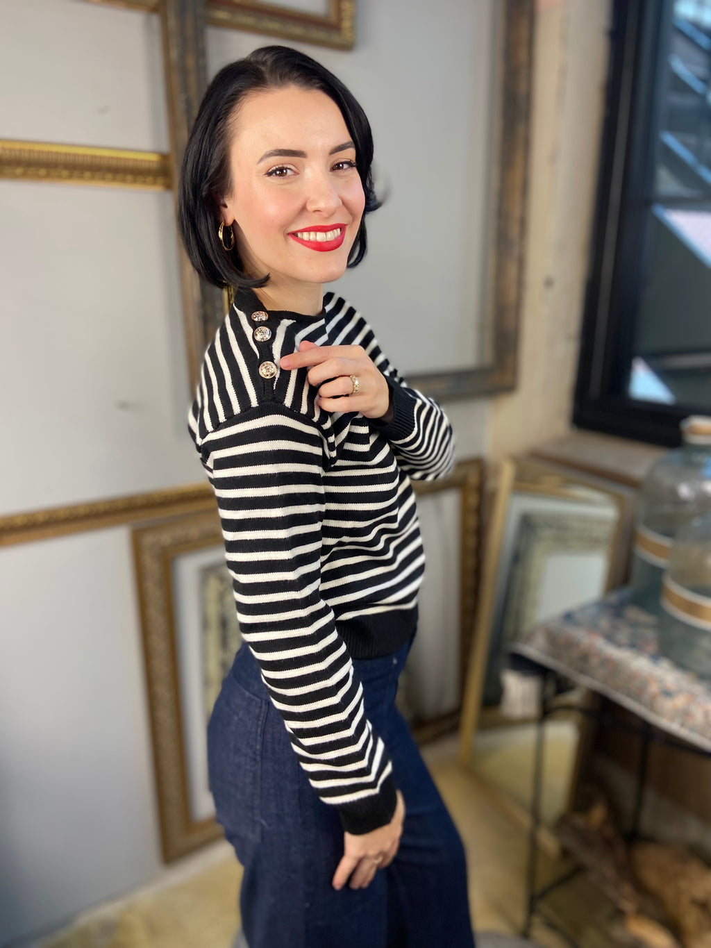 Alix Black & Cream Button Shoulder Striped Long Sleeve