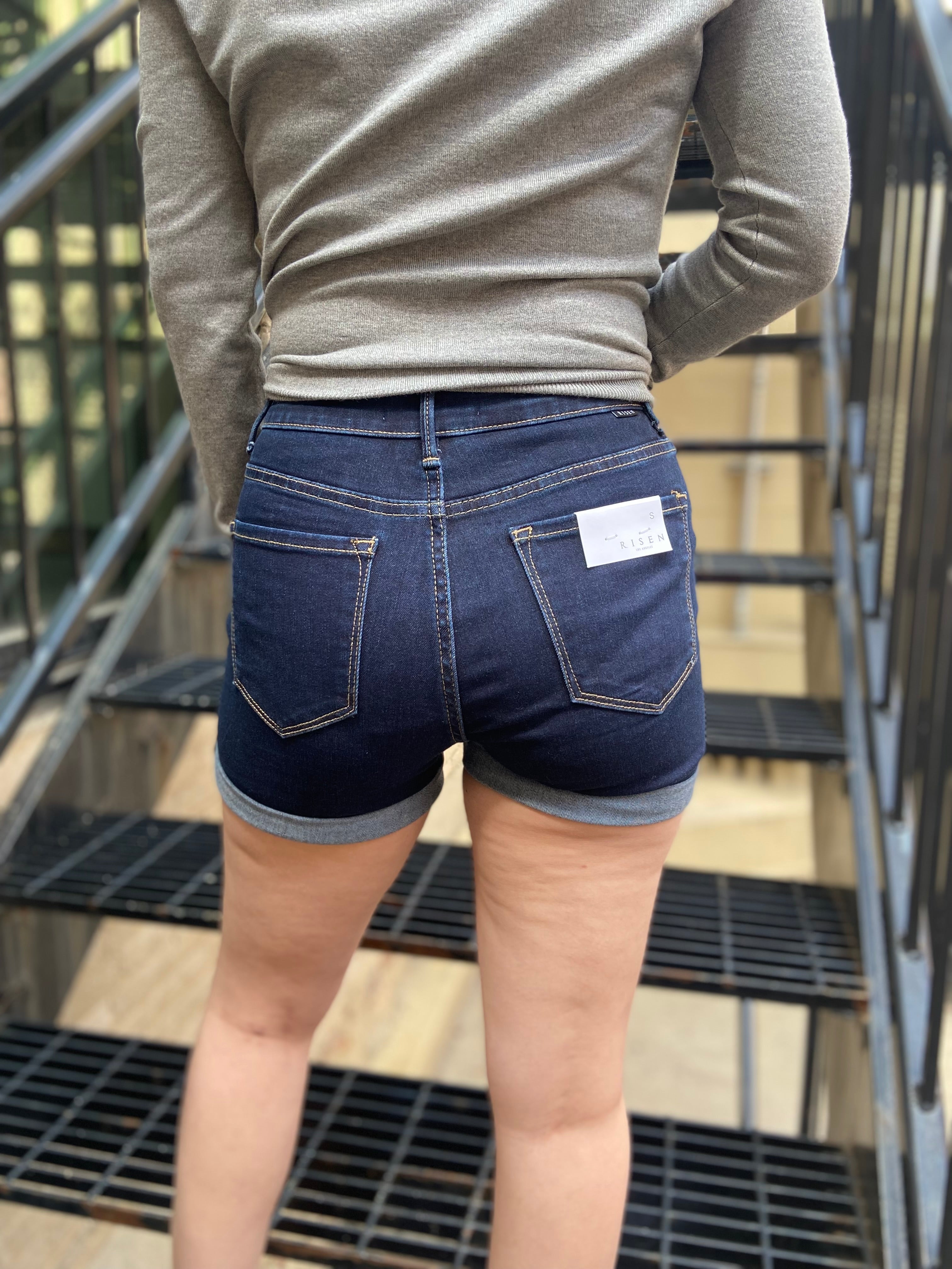 Thane Dark Wash High Rise Risen Jean Shorts - MK Threads Boutique