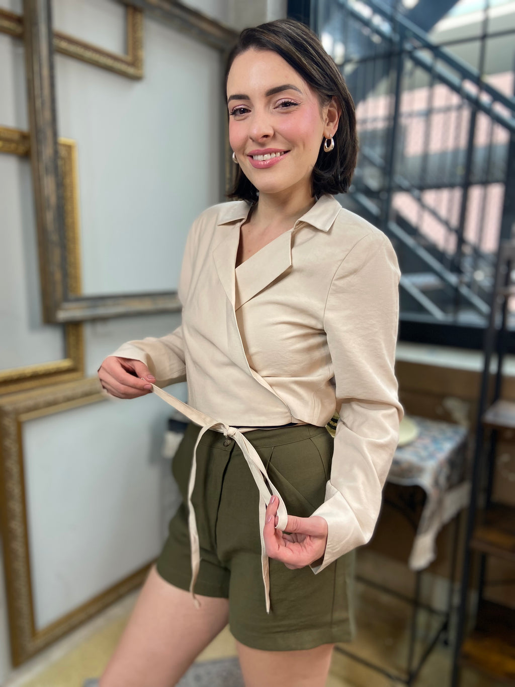 Dylan Khaki Cropped Wrap Blazer