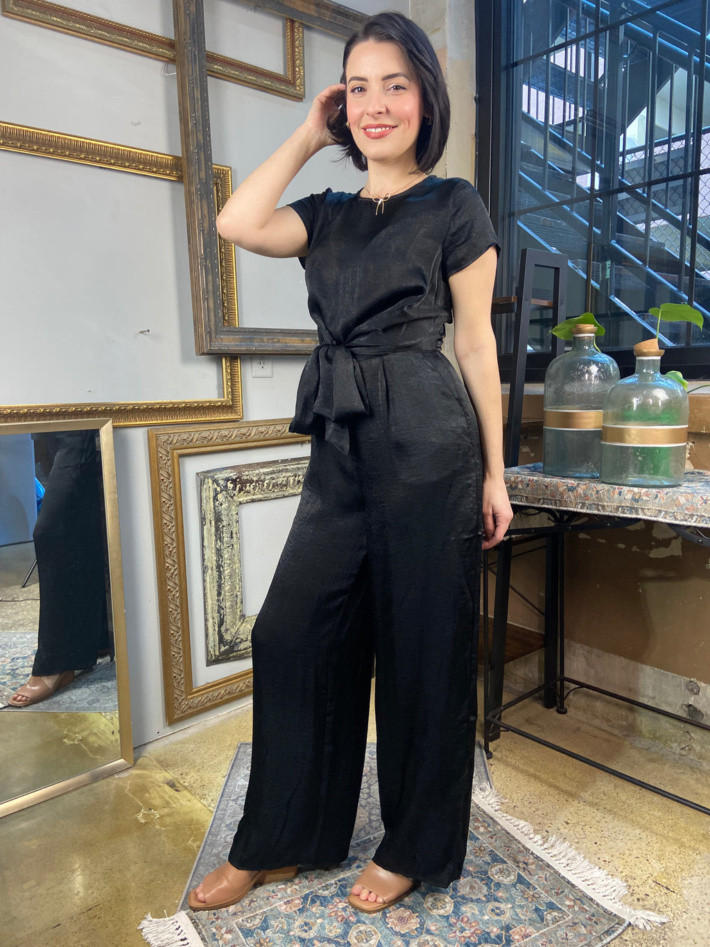 Amber Black Short Sleeve Front Tie Romper