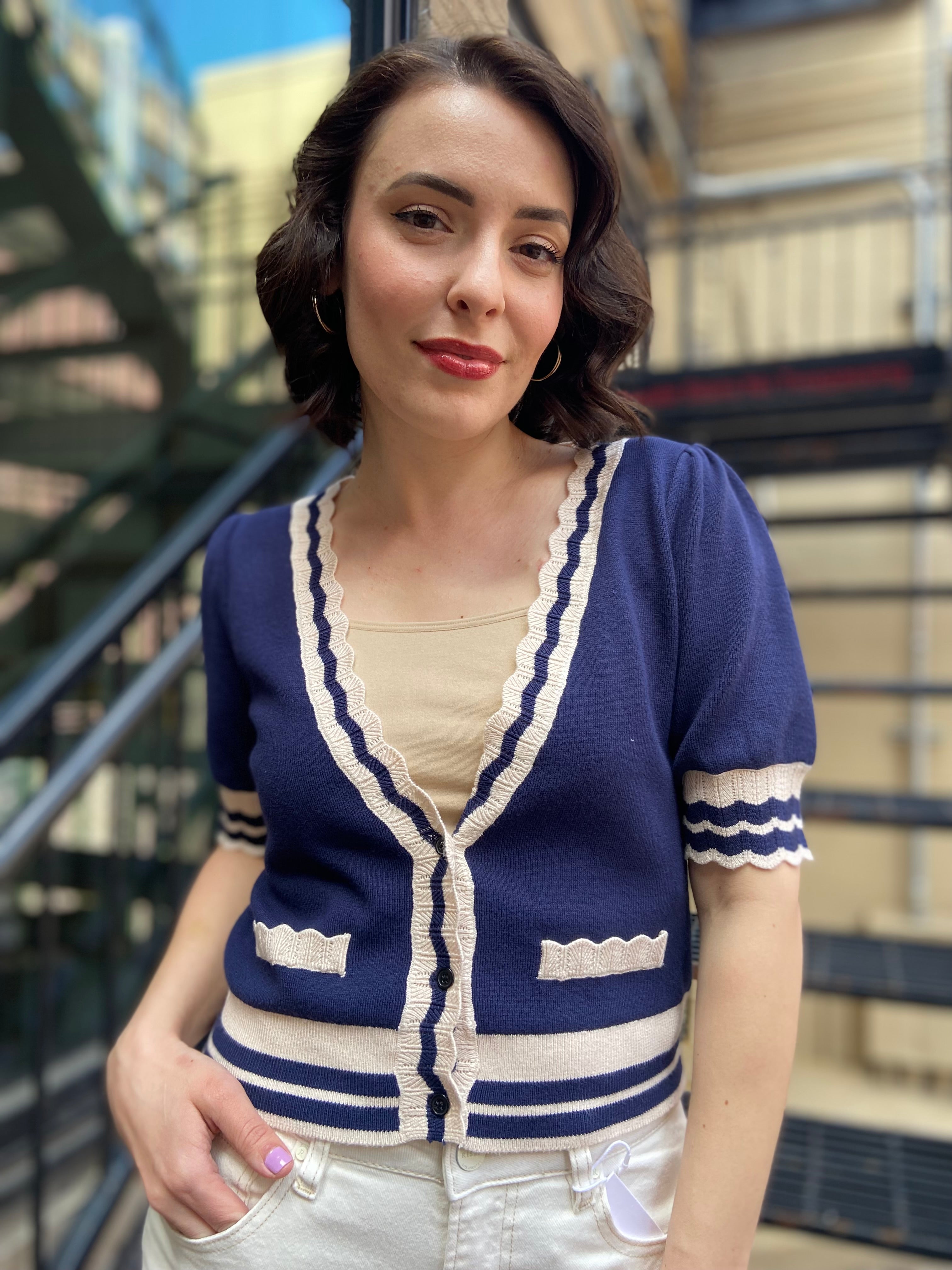 Jane Navy Blue White Trim Sweater Top - MK Threads Boutique