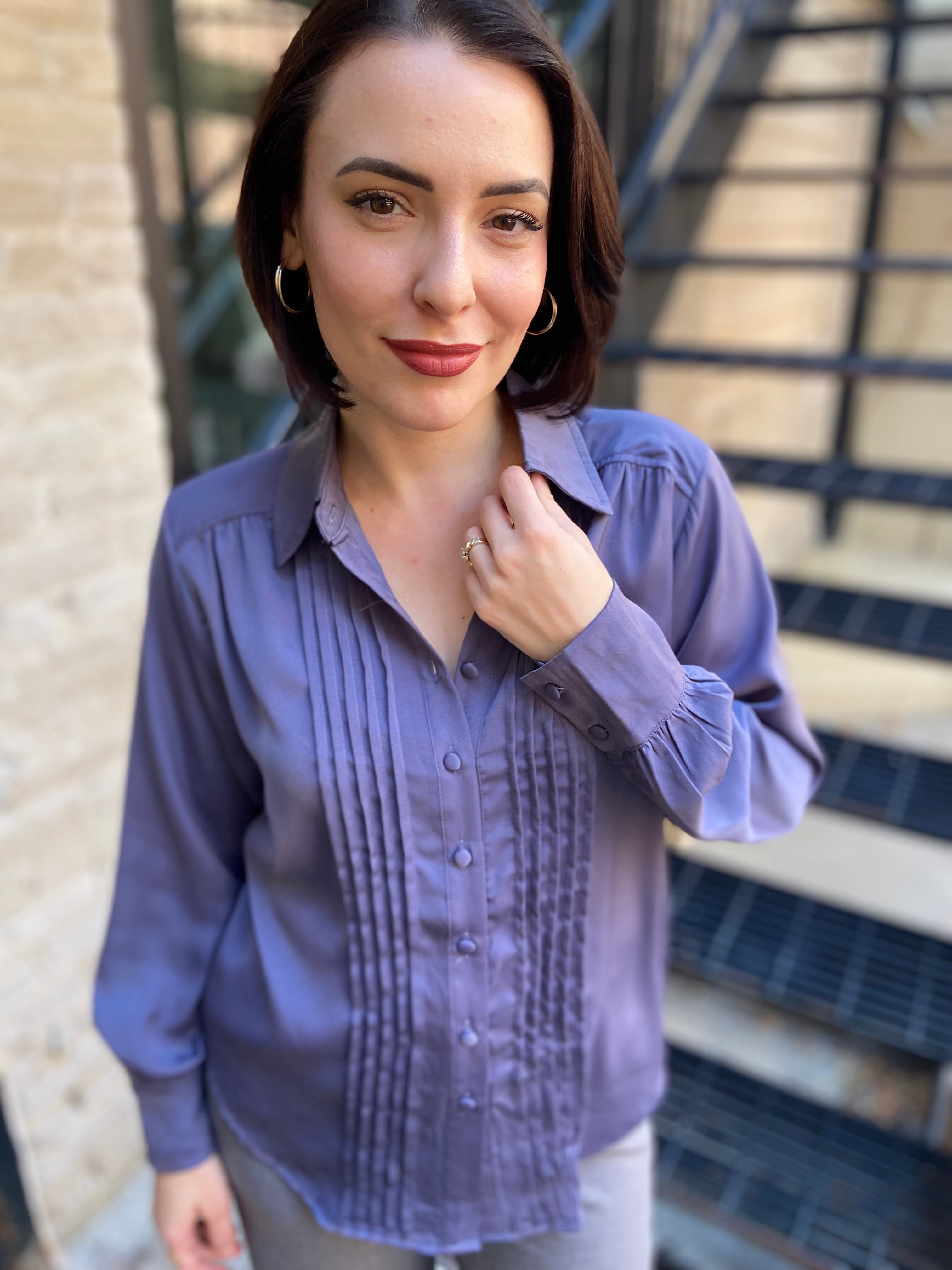 Kate Dusty Blue Pleated Long Sleeve Button Up