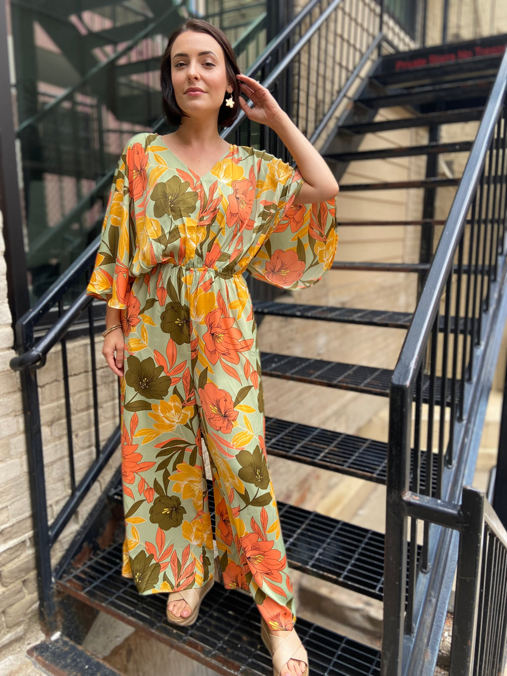 Envy Sage Floral Satin Back Tie Jumpsuit