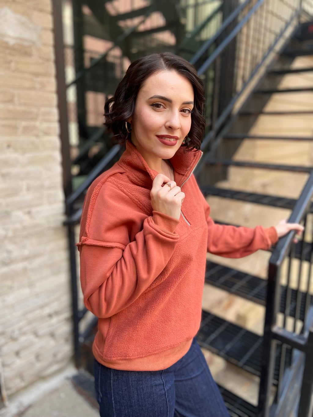 Kory Rust Half Zip Fleece Sweatershirt