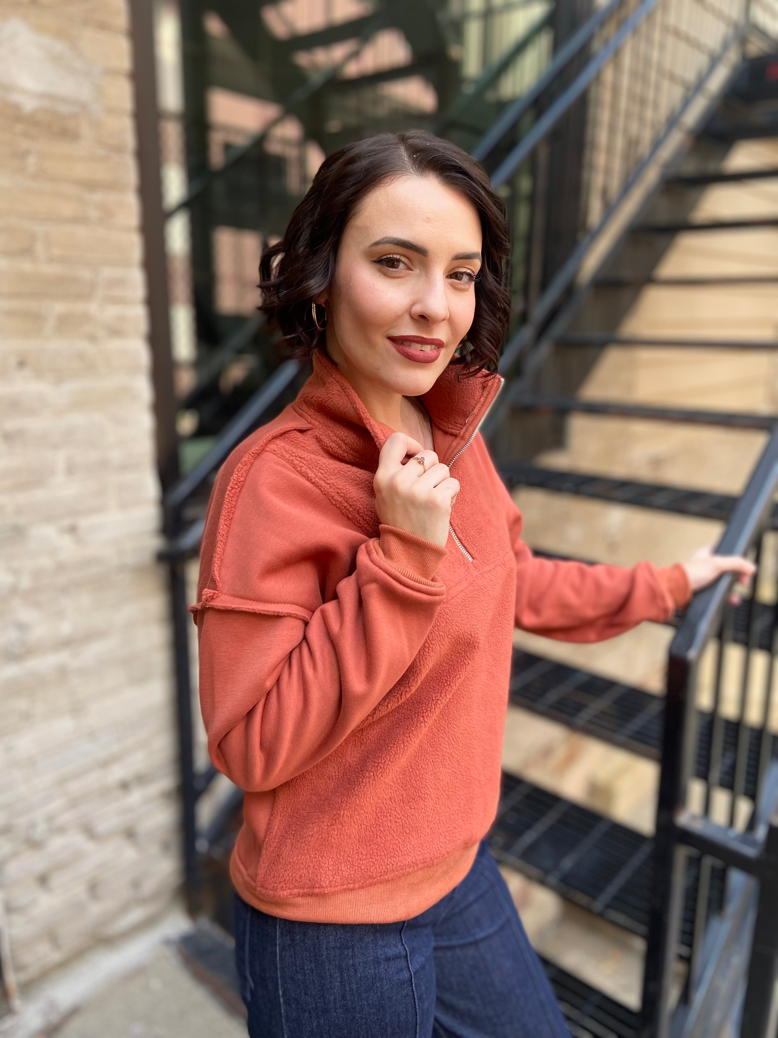 Kory Rust Half Zip Fleece Sweatershirt