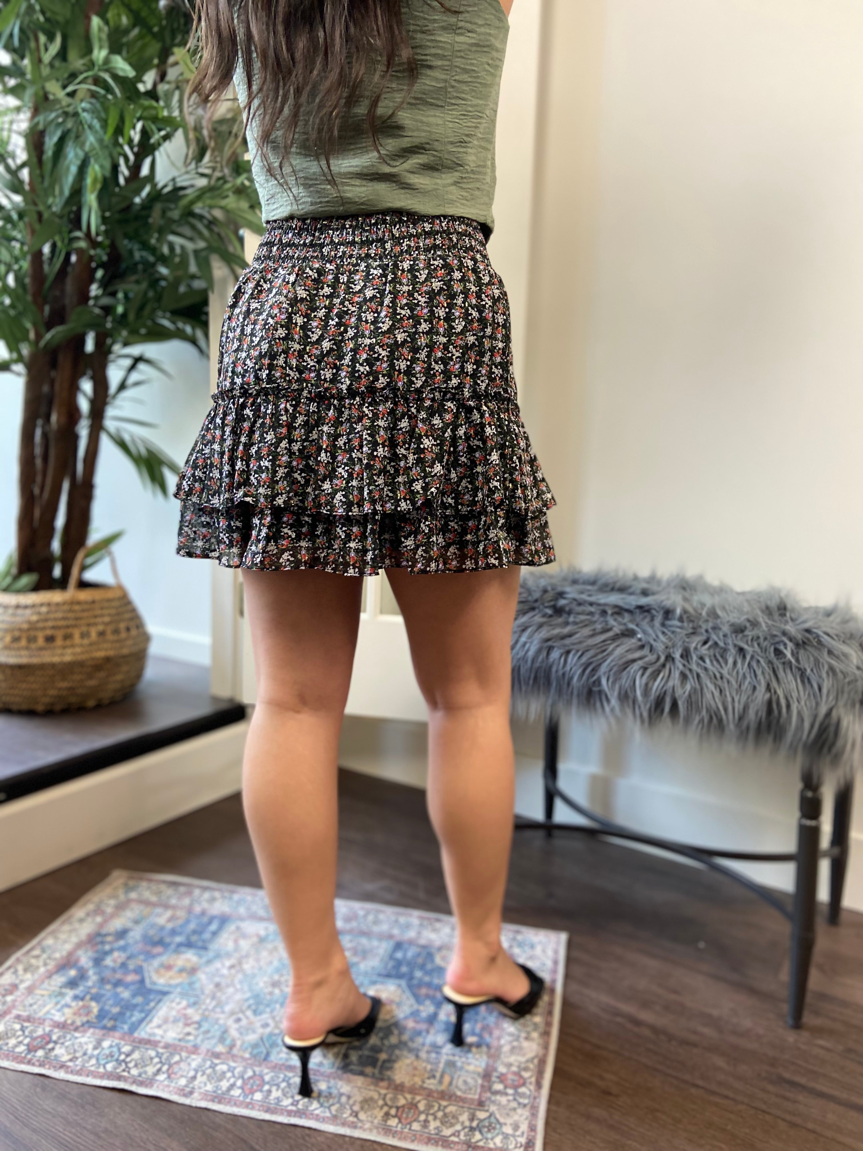 Jasper Black Floral Tiered Mini Skirt