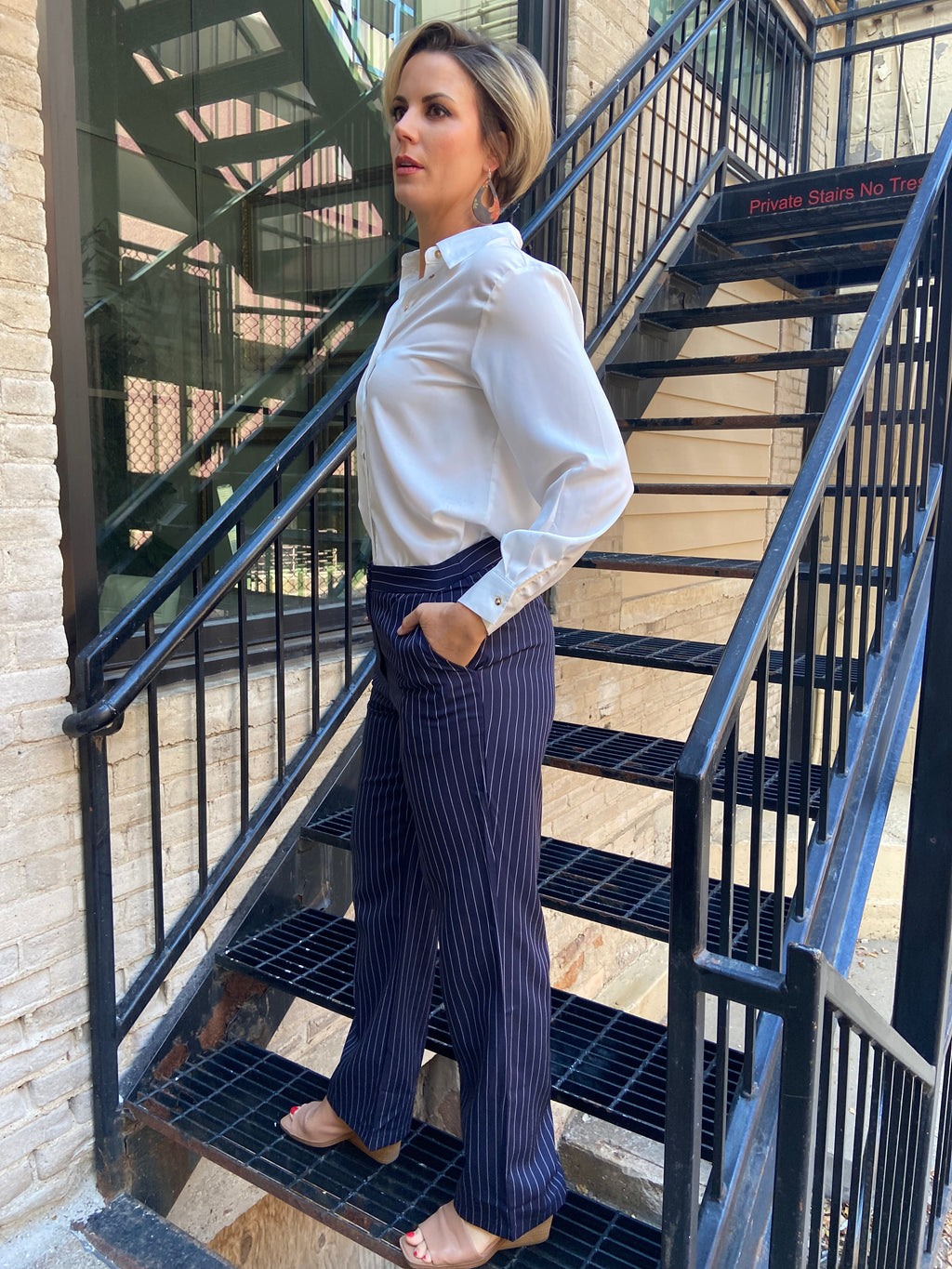 Cally Navy Straight Leg Striped Trousers