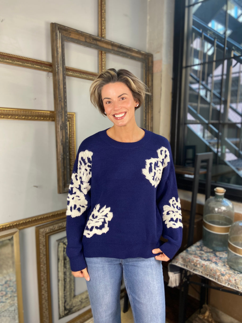Angel Navy Blue Floral Knit Sweater