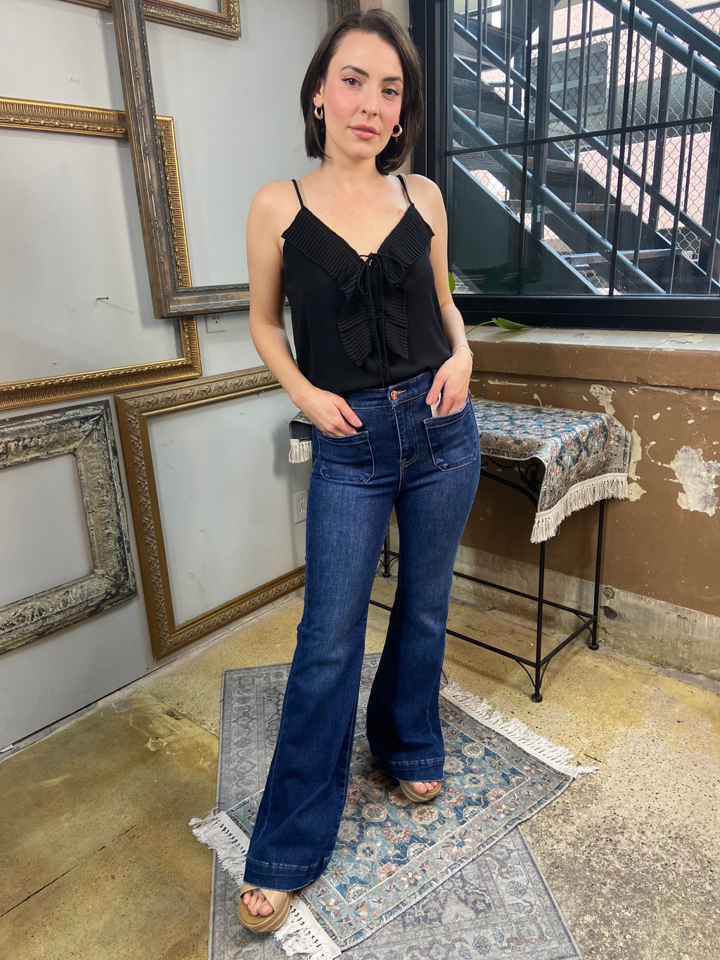 Nora Dark High Rise Front Pocket Flare Risen Jeans - MK Threads Boutique