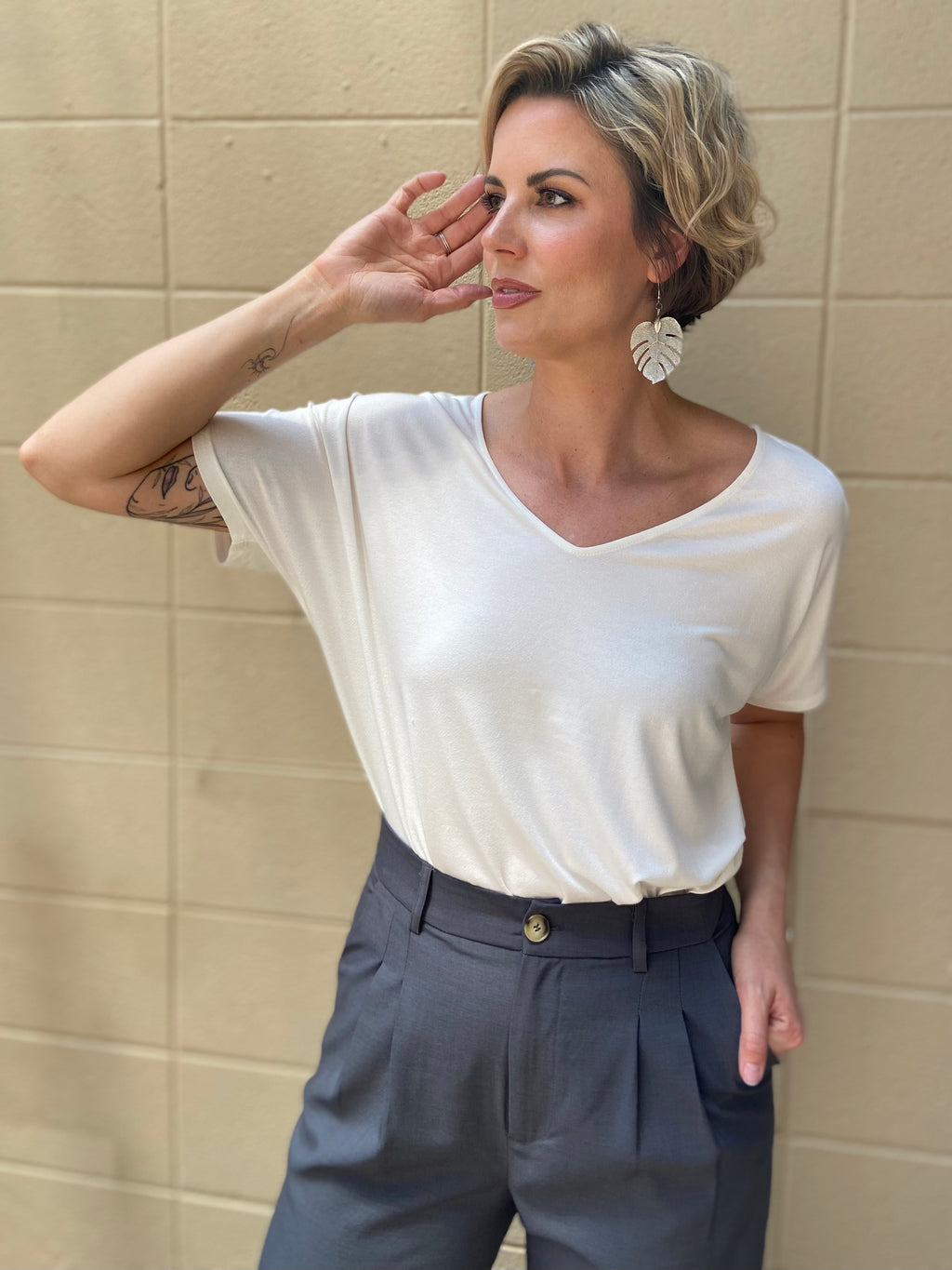 Nina White Stretchy V Neck Top - MK Threads Boutique