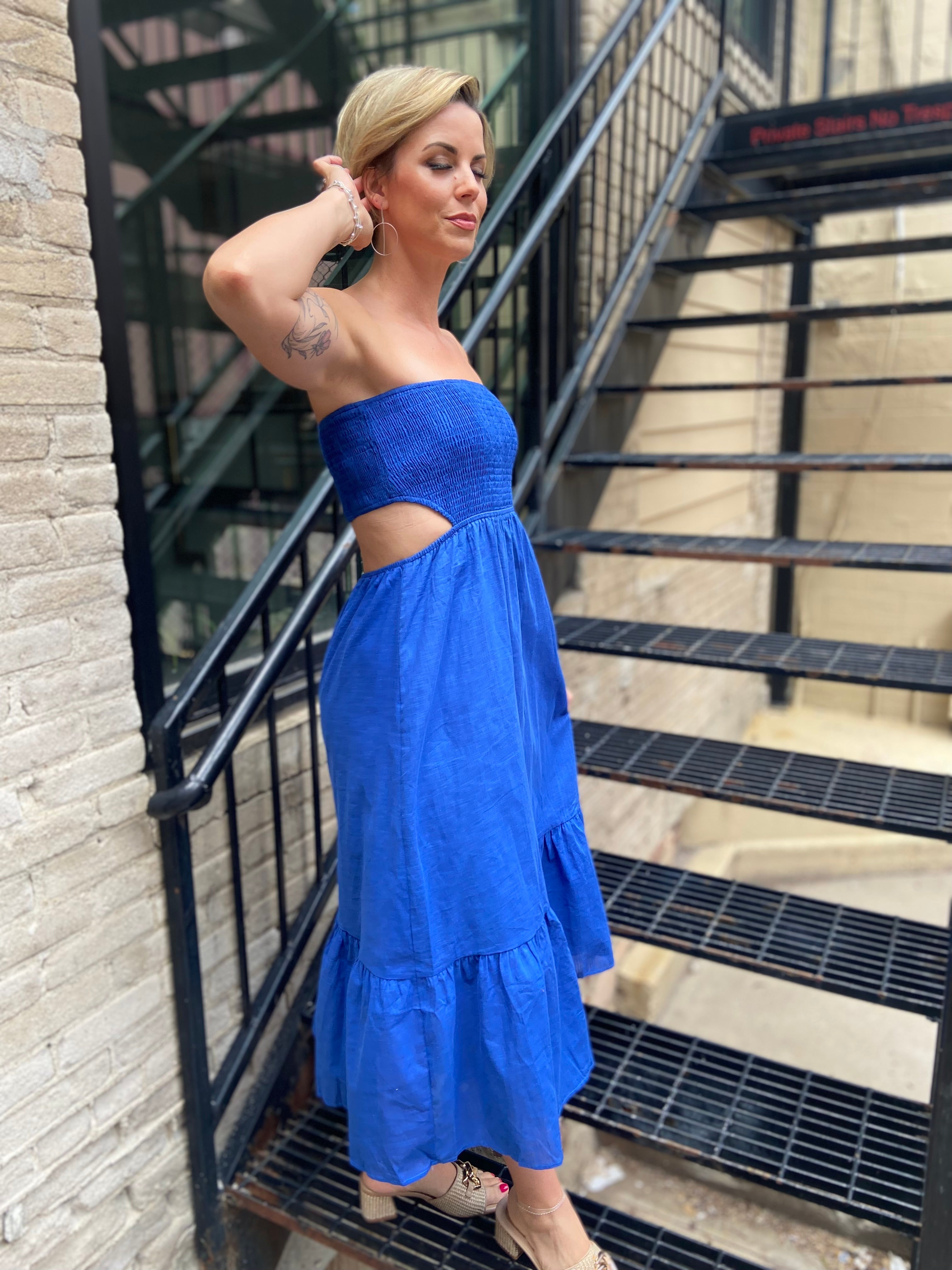 Grace Royal Blue Smocked Strapless Midi dress
