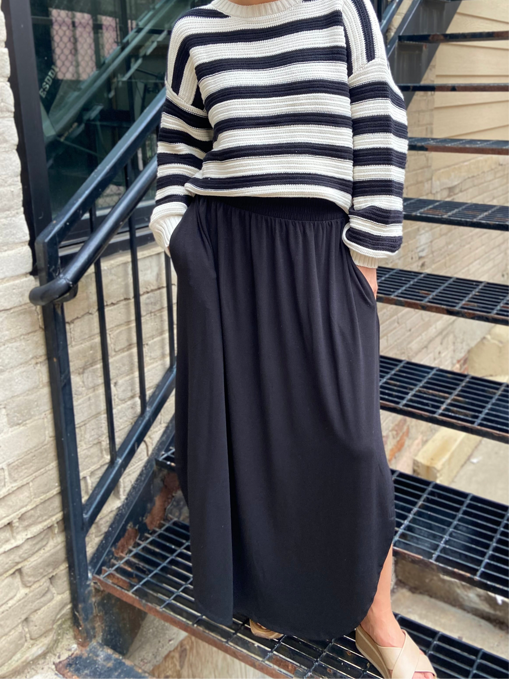 Mika Black Smocked Waist Side Slit Midi Skirt
