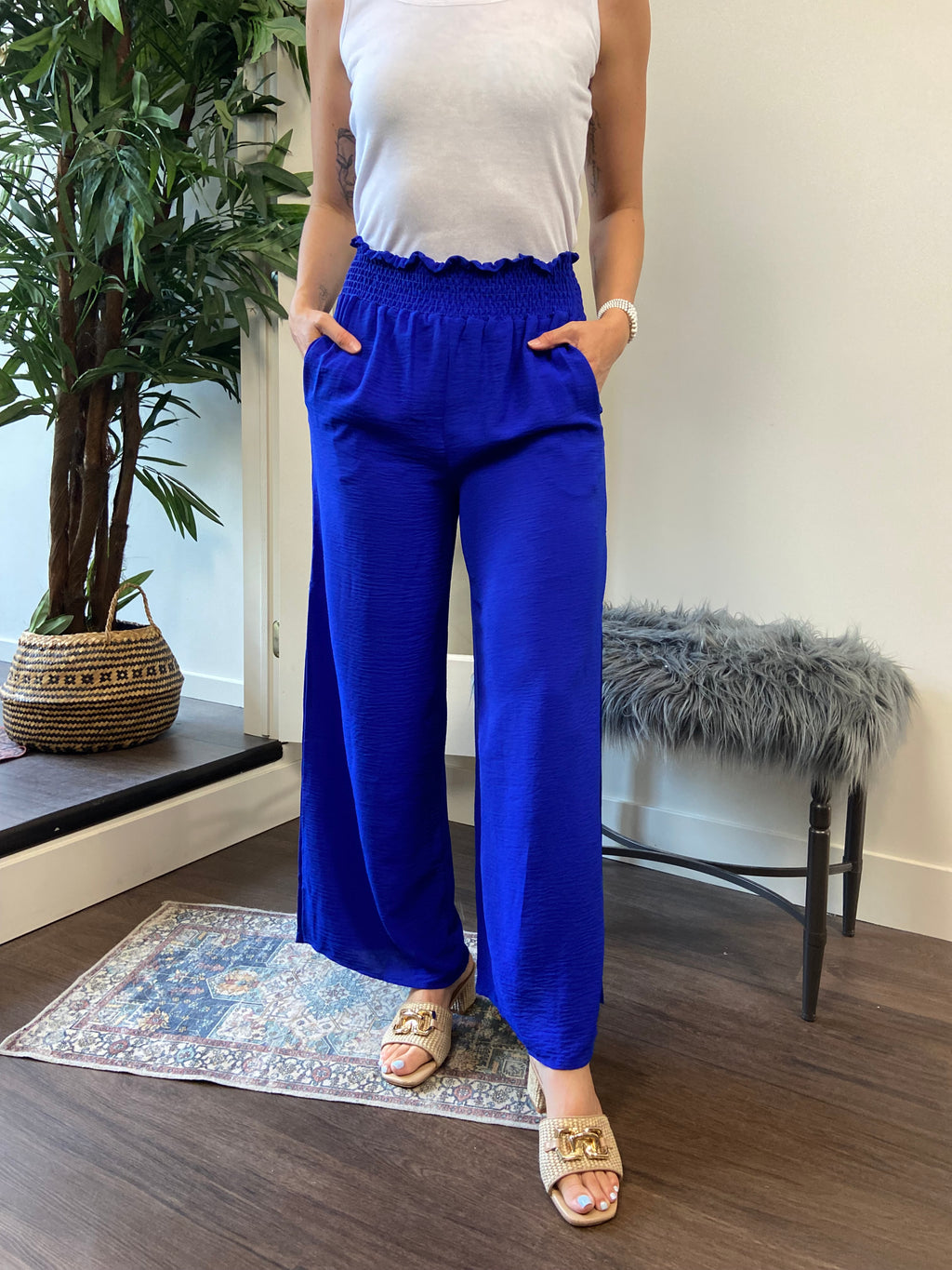 Koa Royal Blue Smocked Slit Pants - MK Threads Boutique