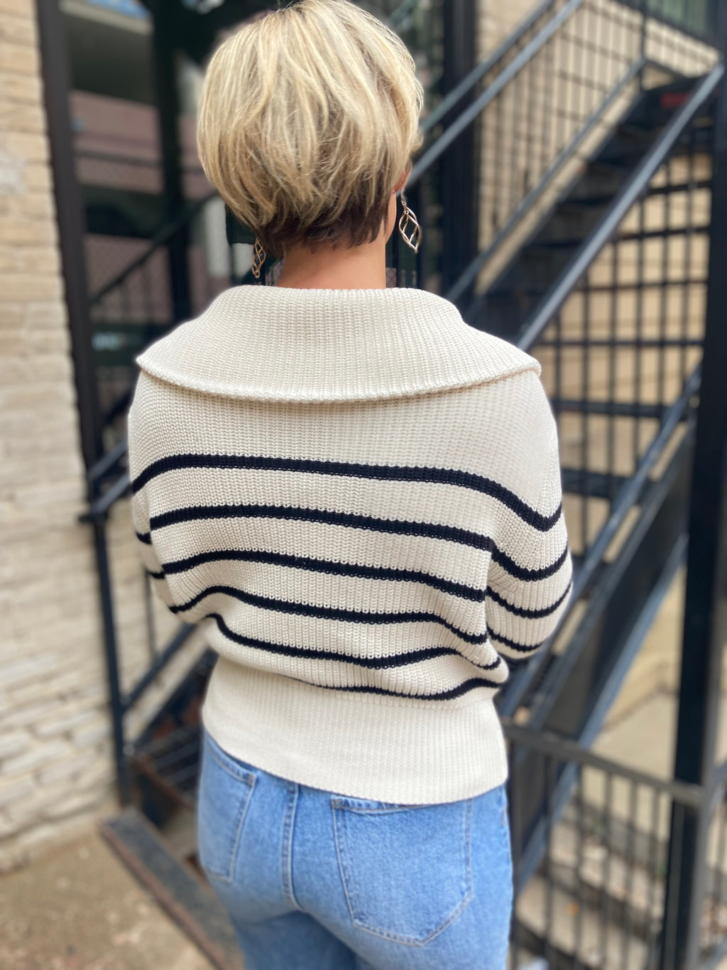 Kim Cream & Black Striped Half Zip Sweater