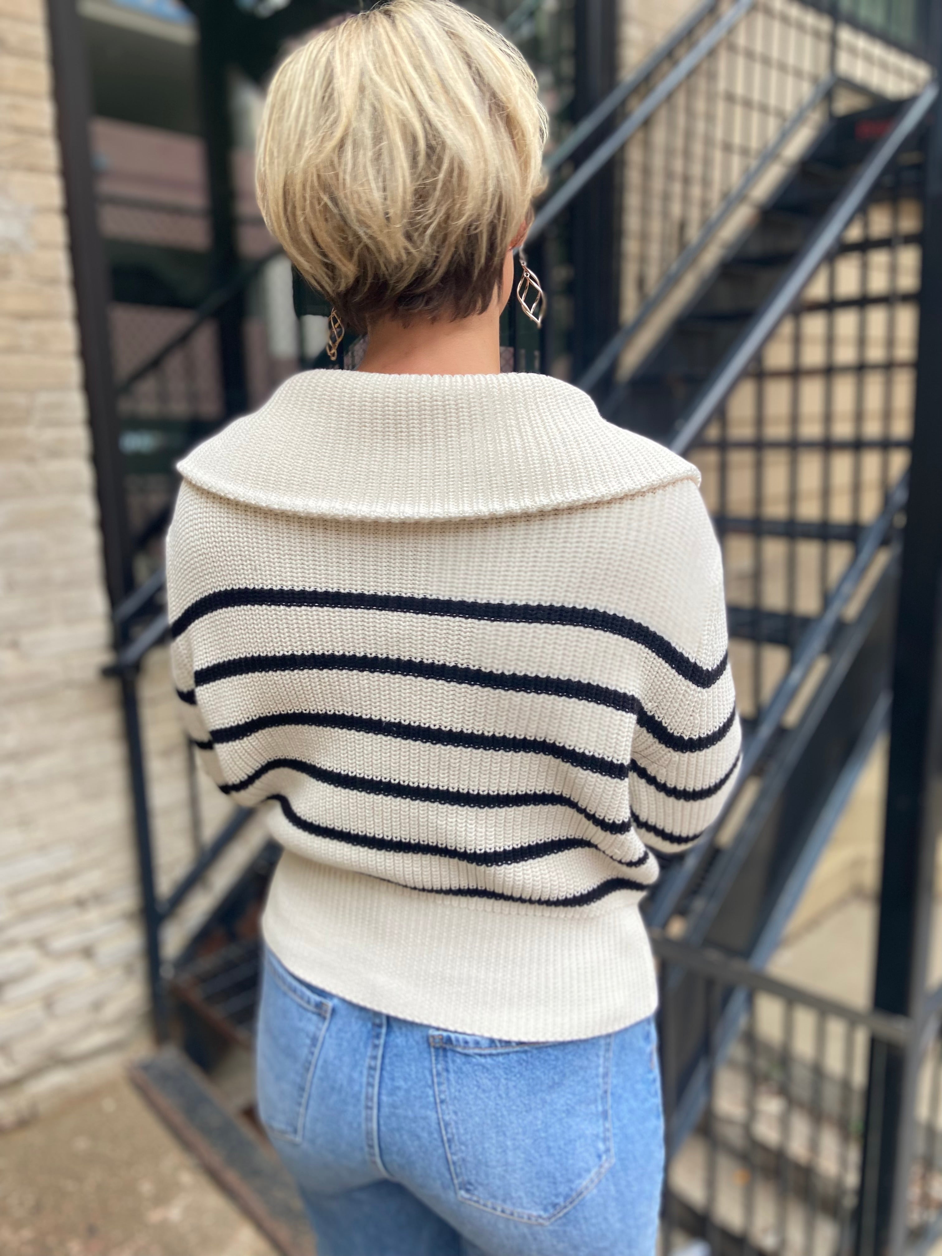 Kim Cream & Black Striped Half Zip Sweater