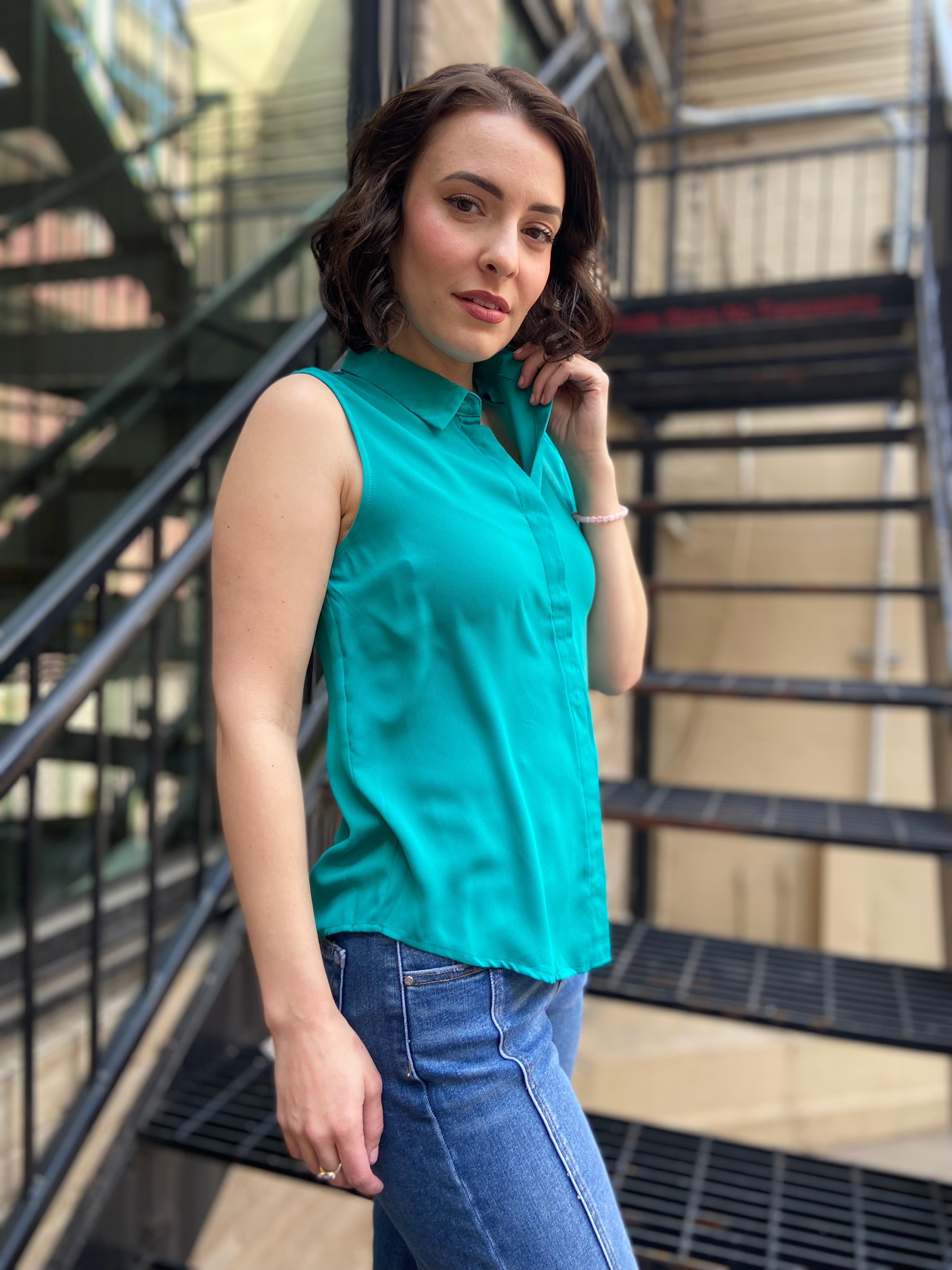 Ellen Teal Sleeveless Button Down