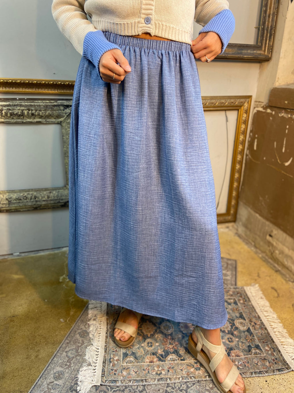 Sall Denim Blue High Waisted Elastic Midi Skirt - MK Threads Boutique