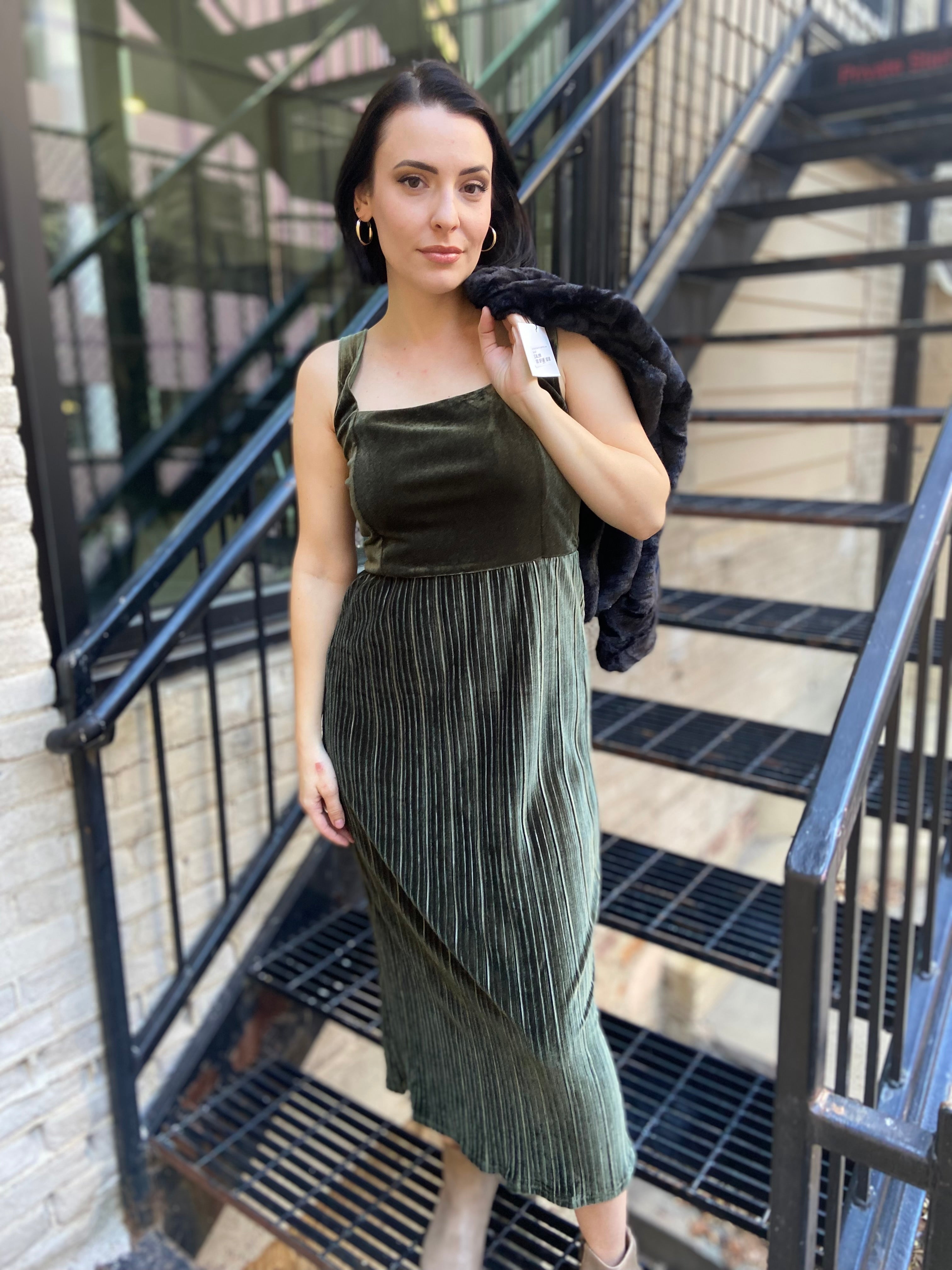 Tiana Olive Velvet Pleated Maxi Dress