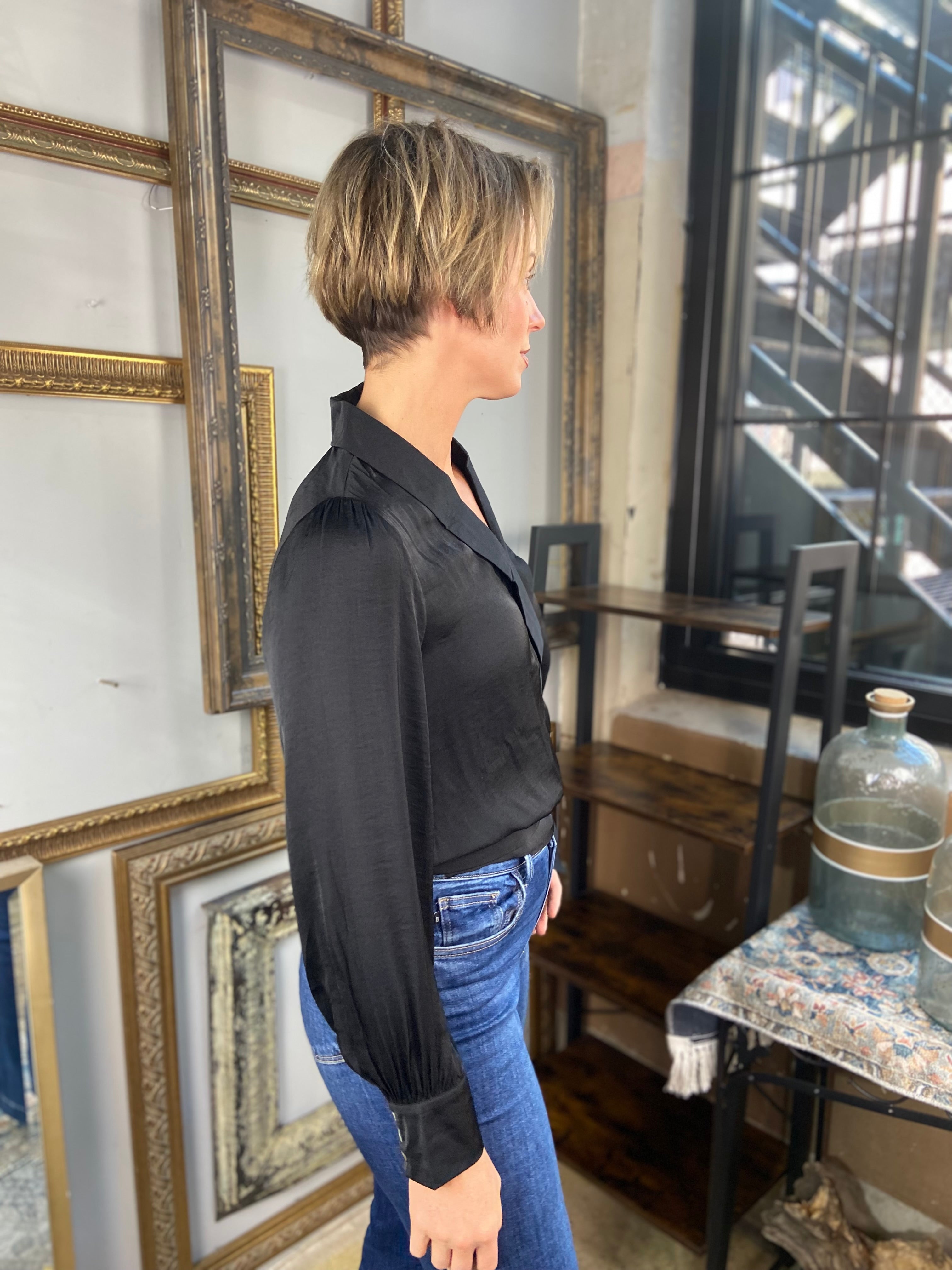 Brooke Black Tie Long Balloon Sleeve Blouse