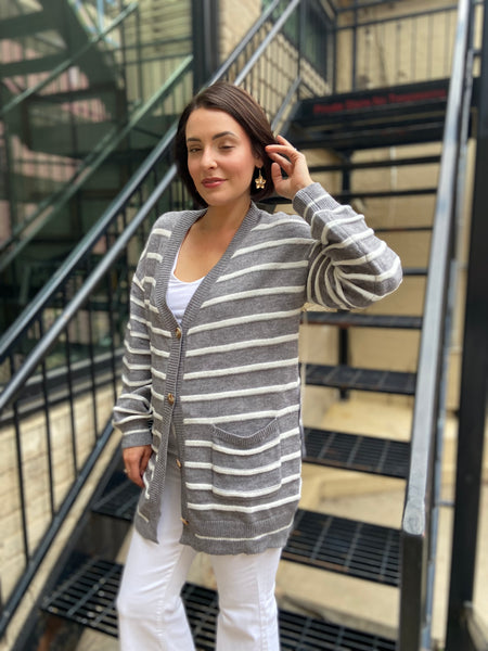Jericho Gray & White Striped Cardigan