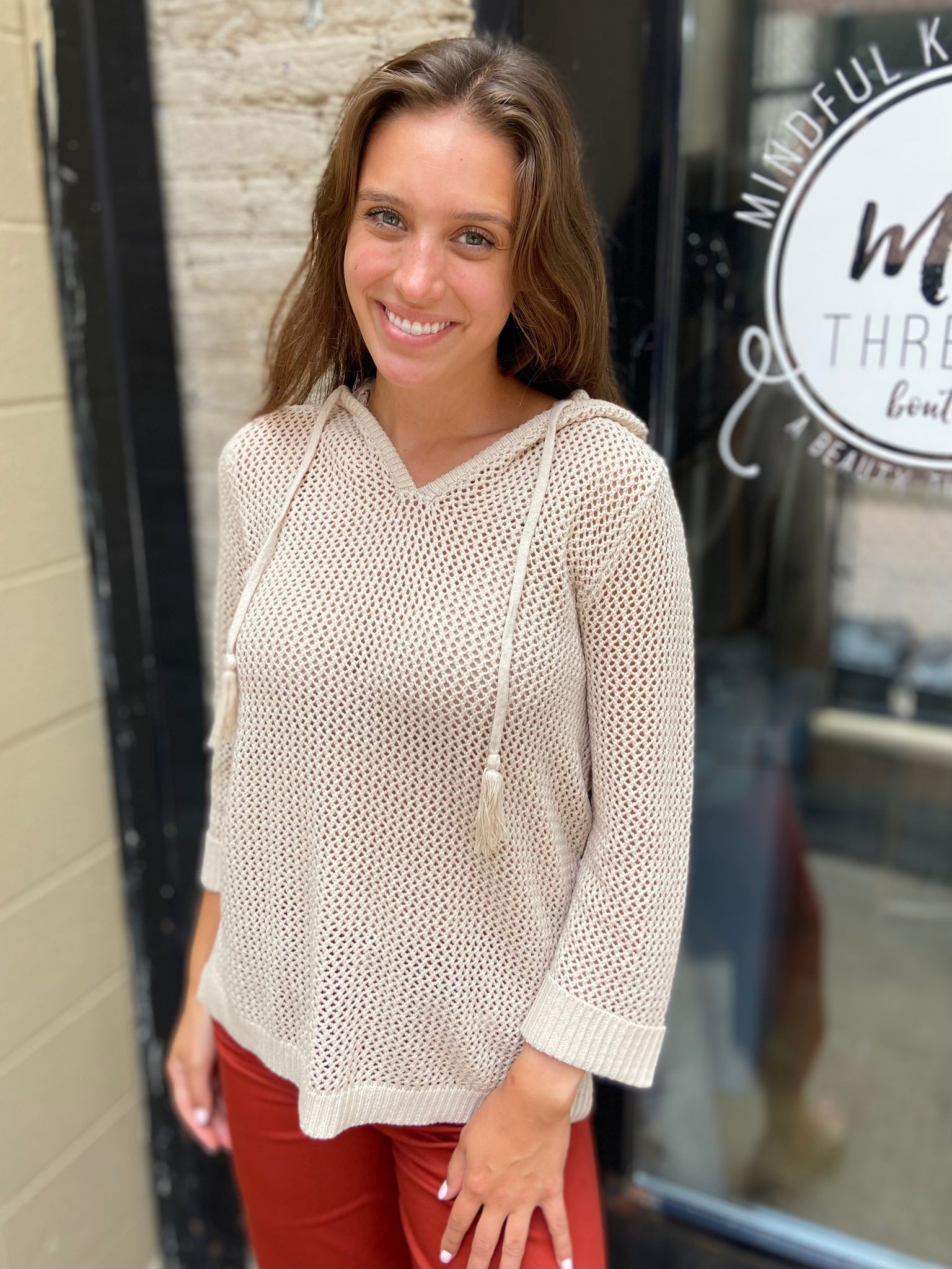Bianca Beige Crochet Hoodie Sweater Top