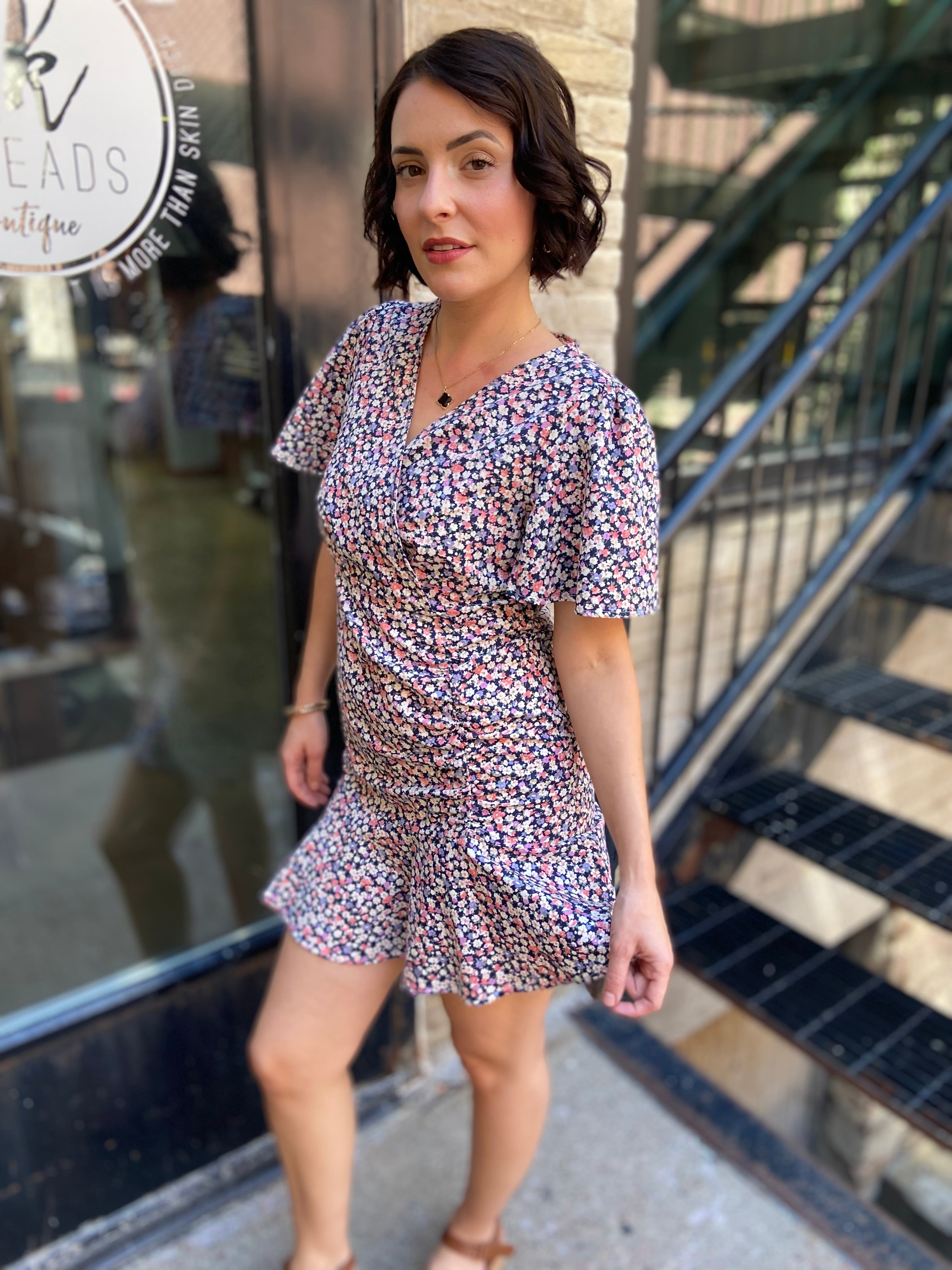 Luci Black Floral V-Neck Cap Sleeve Mini Dress