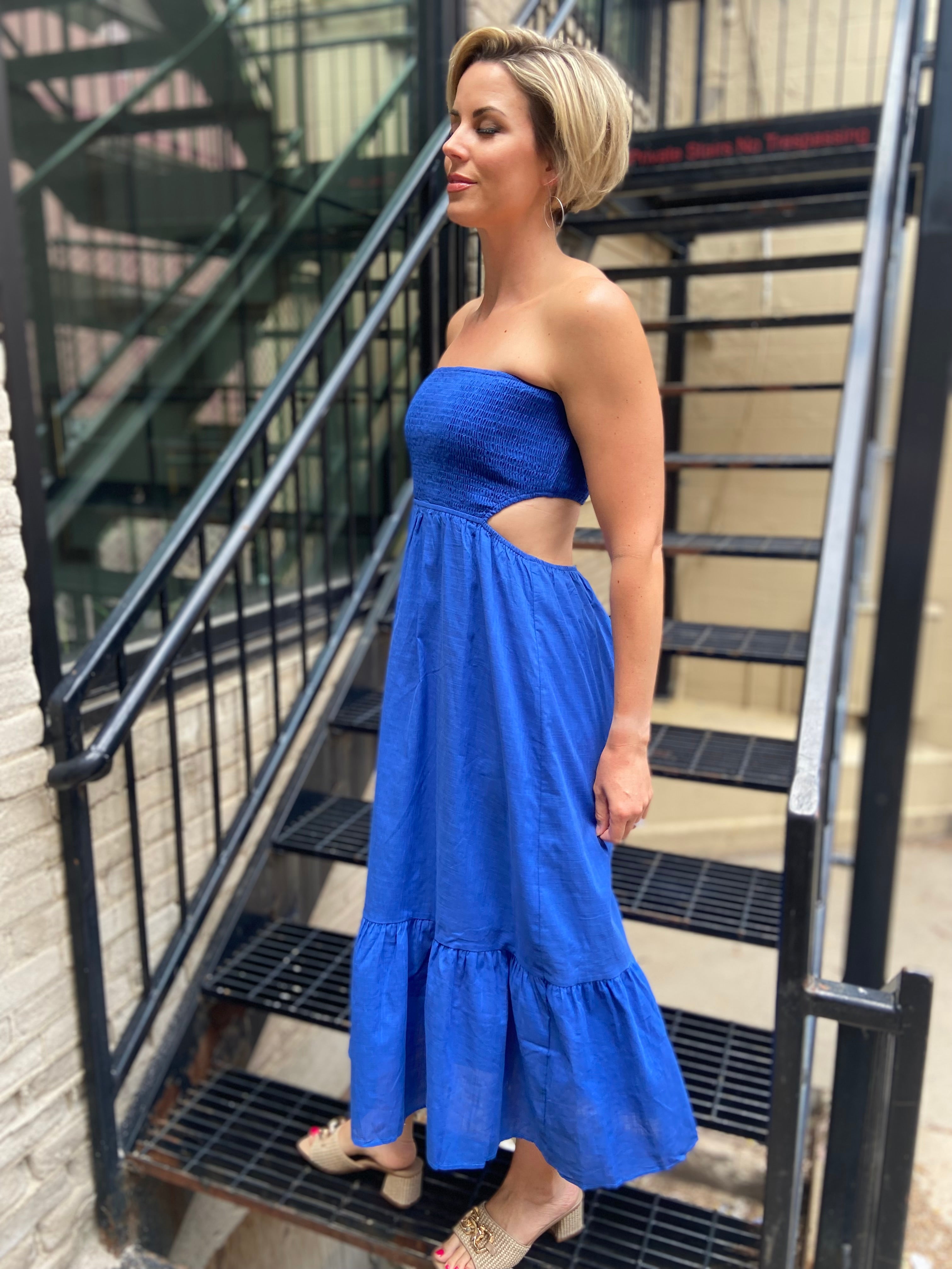 Grace Royal Blue Smocked Strapless Midi dress