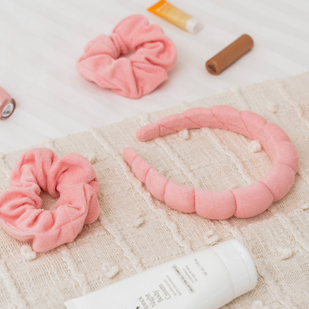 Spa Headband - Skincare Headband & Scrunchie Wristband Set: Pink