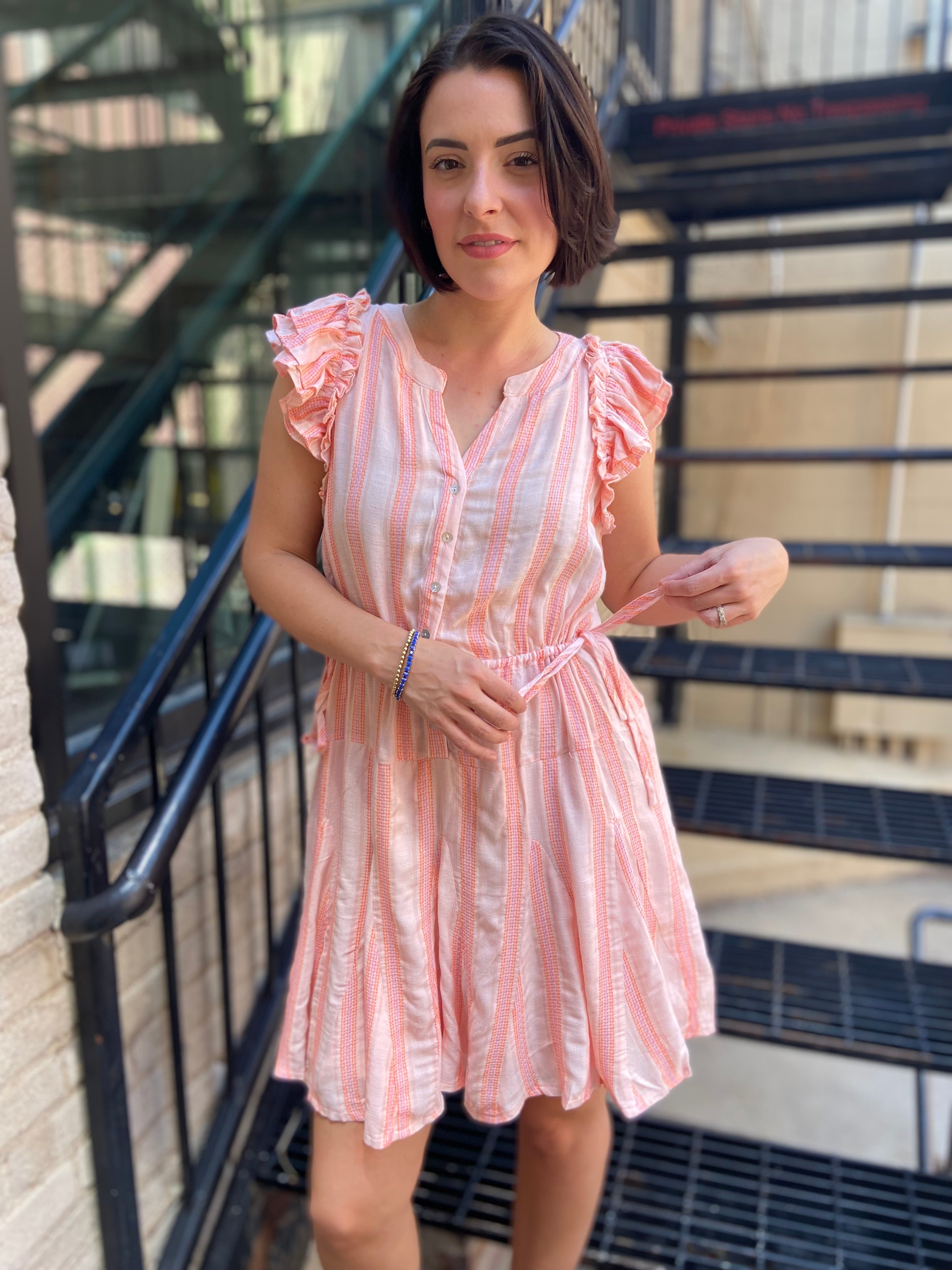 Siena Coral Striped Tie Waist Mini Dress