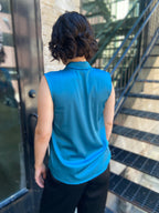 Abbey Teal Satin Collard Sleeveless Blouse