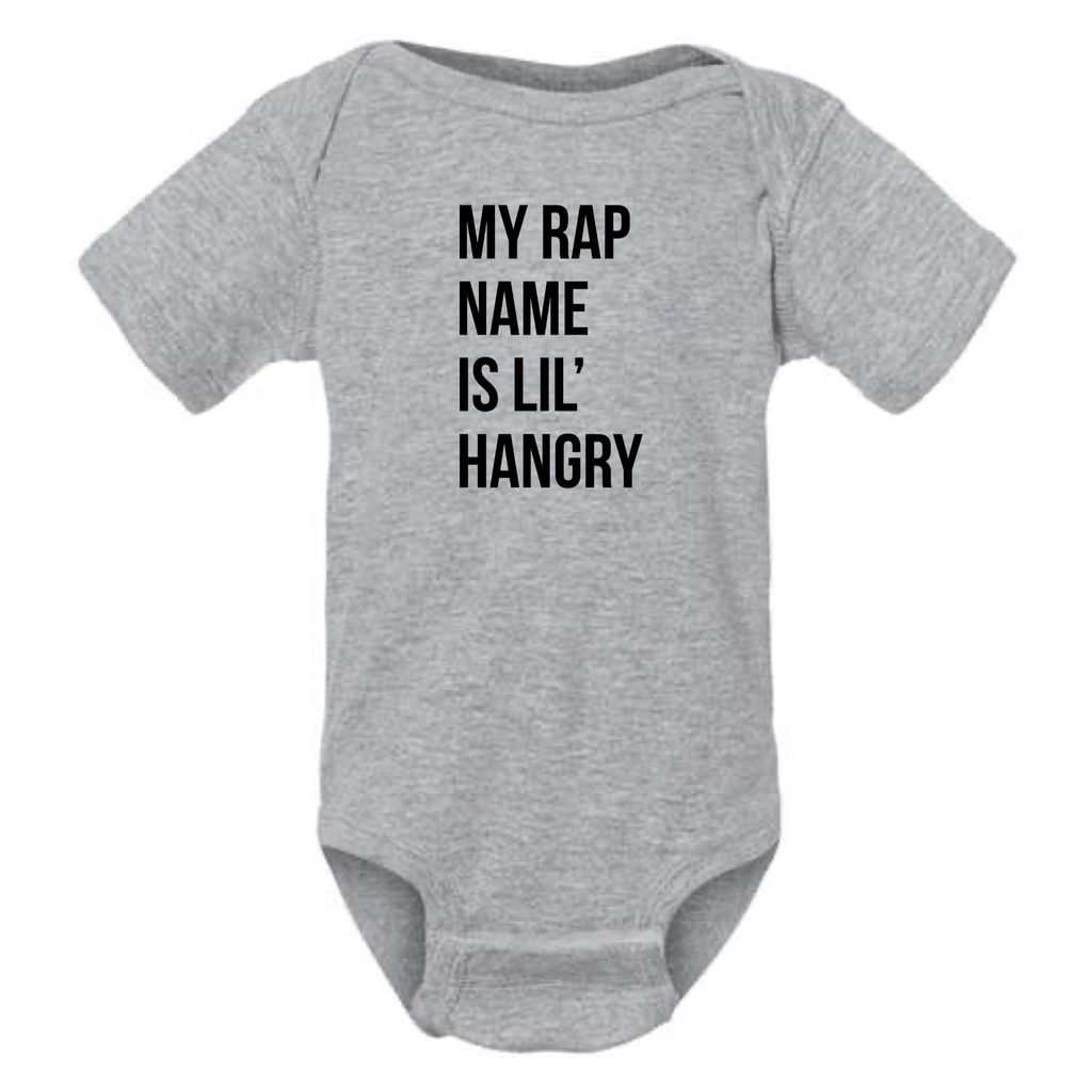 MY RAP NAME IS LIL' HANGRY BABY ONESIE: Athletic Gray -18 months
