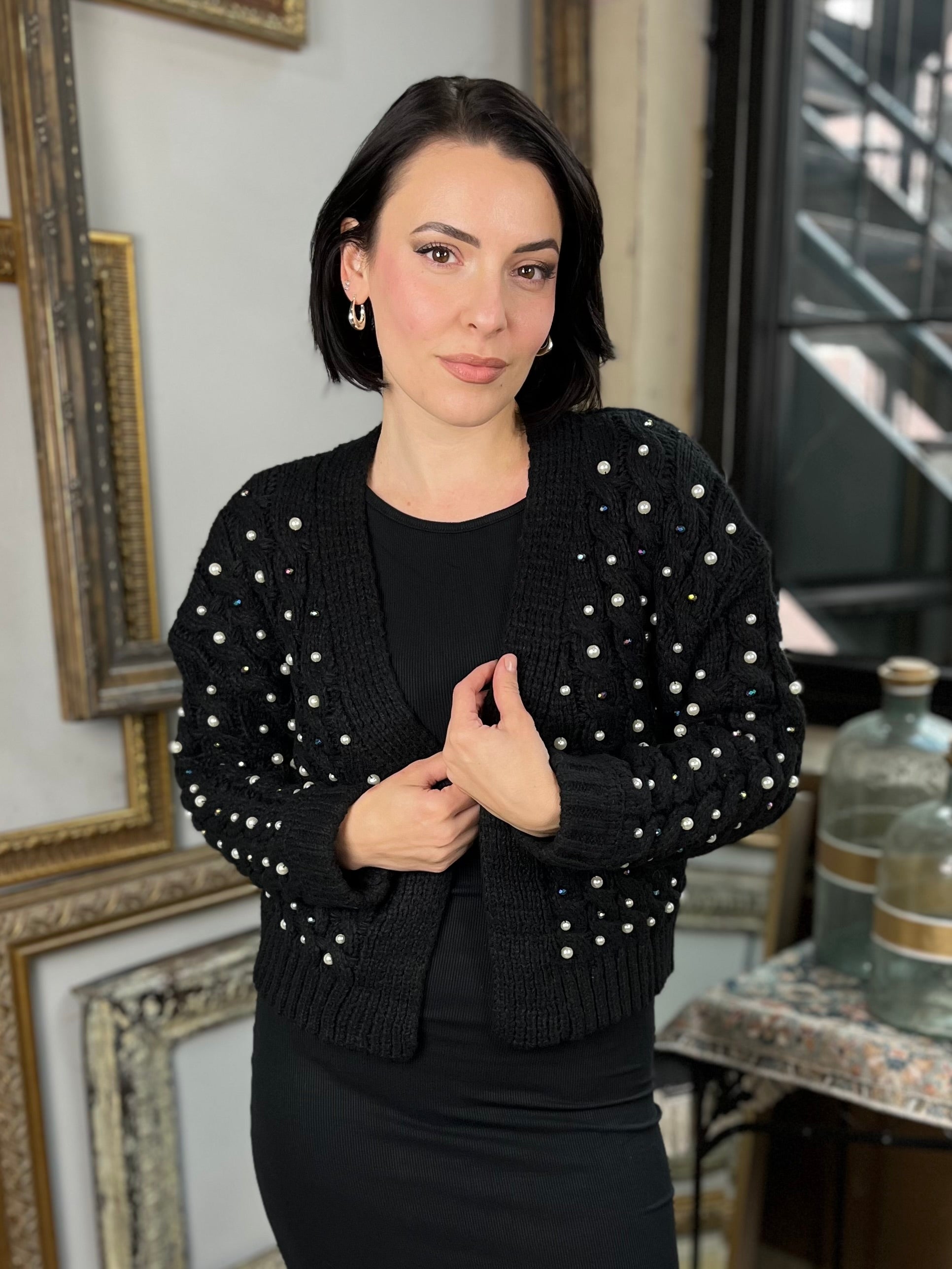 Sadie Black Knit Rhinestone Cardigan