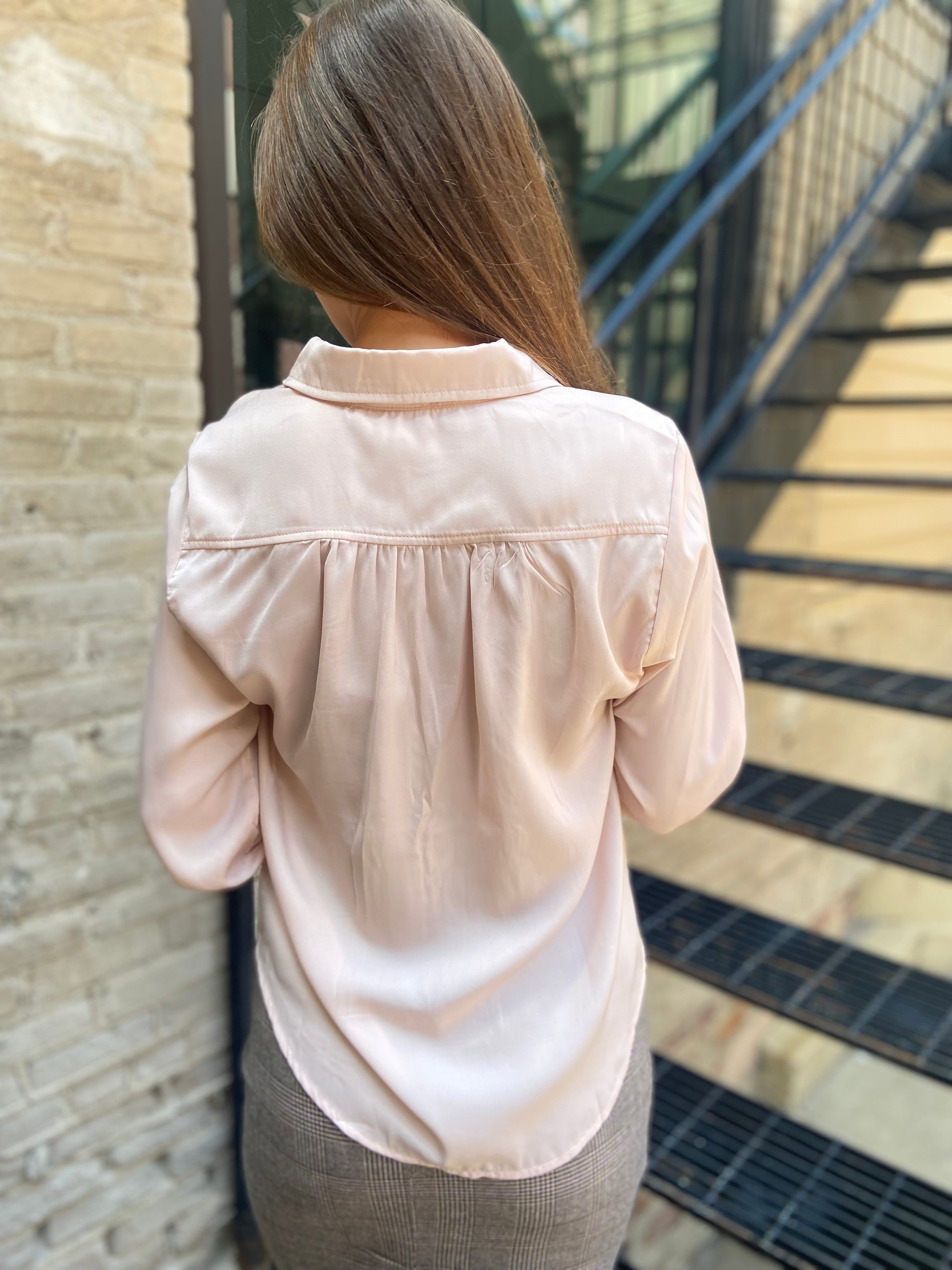Kate Blush Pleated Long Sleeve Button Up