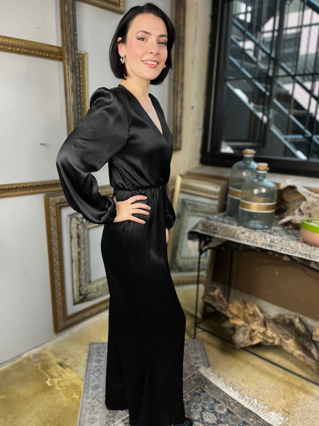 Drew Black V-Neck Satin Jumpsuit