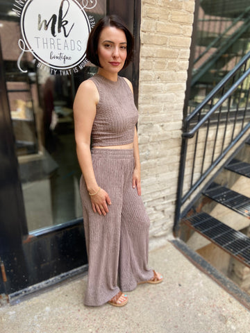 Gianni Taupe Crinkle Textured Loungewear Set