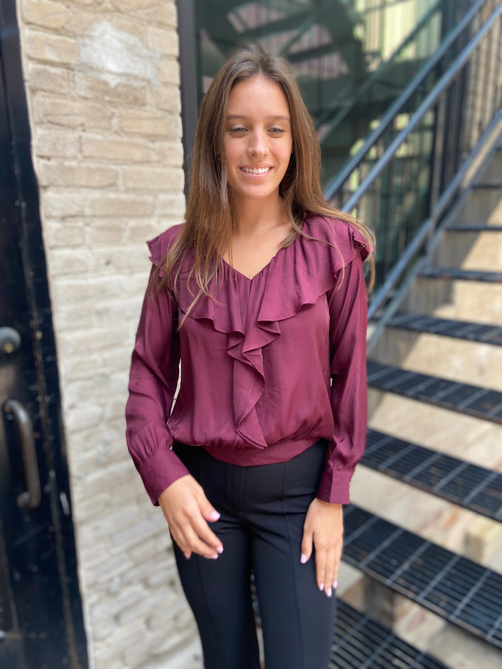 Nicole Raisin Ruffled V-Neck Long Sleeve Blouse