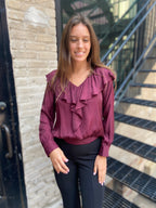 Nicole Raisin Ruffled V-Neck Long Sleeve Blouse