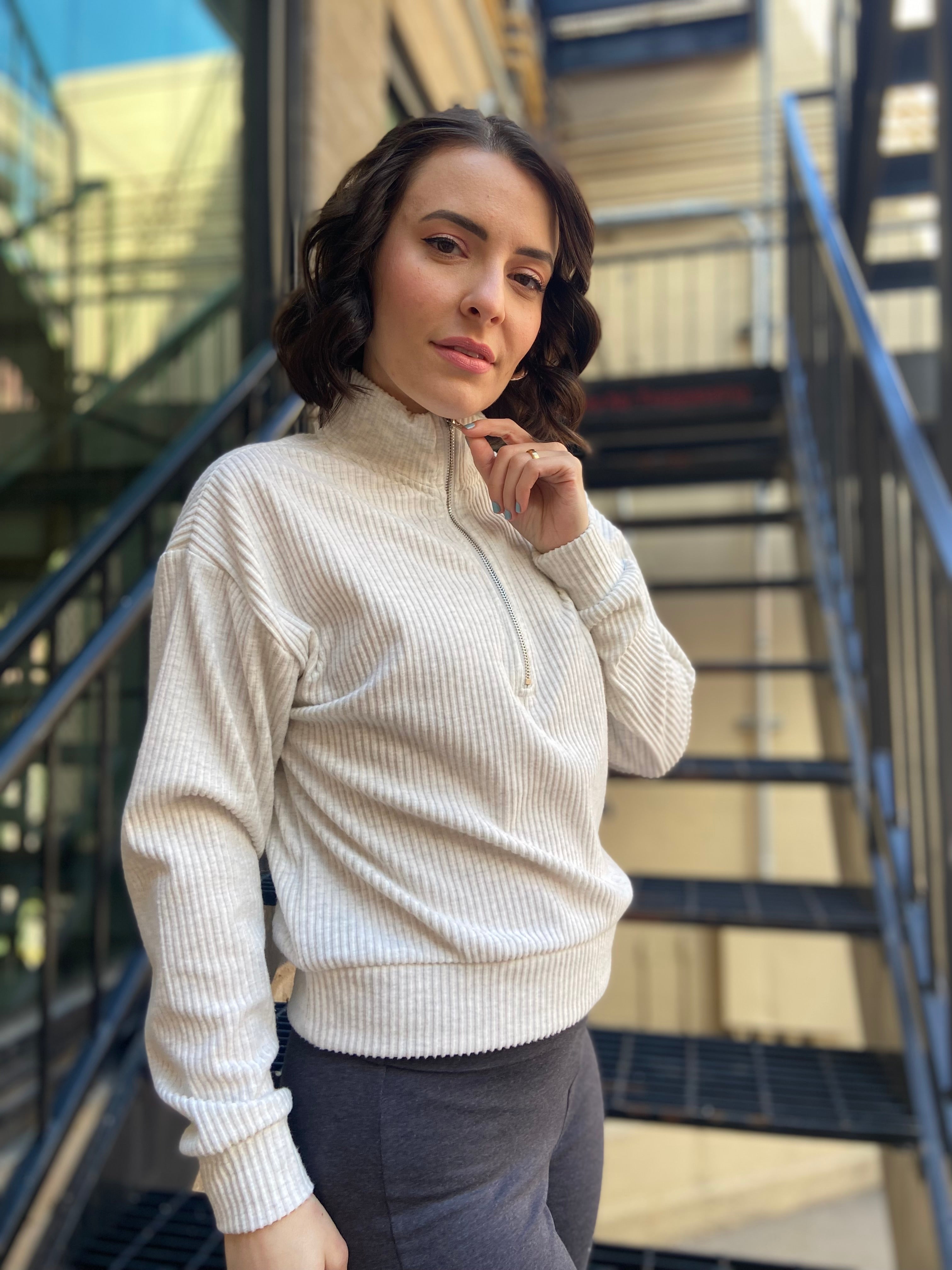 Kallie Oatmeal Drop Shoulder Half Zip - MK Threads Boutique