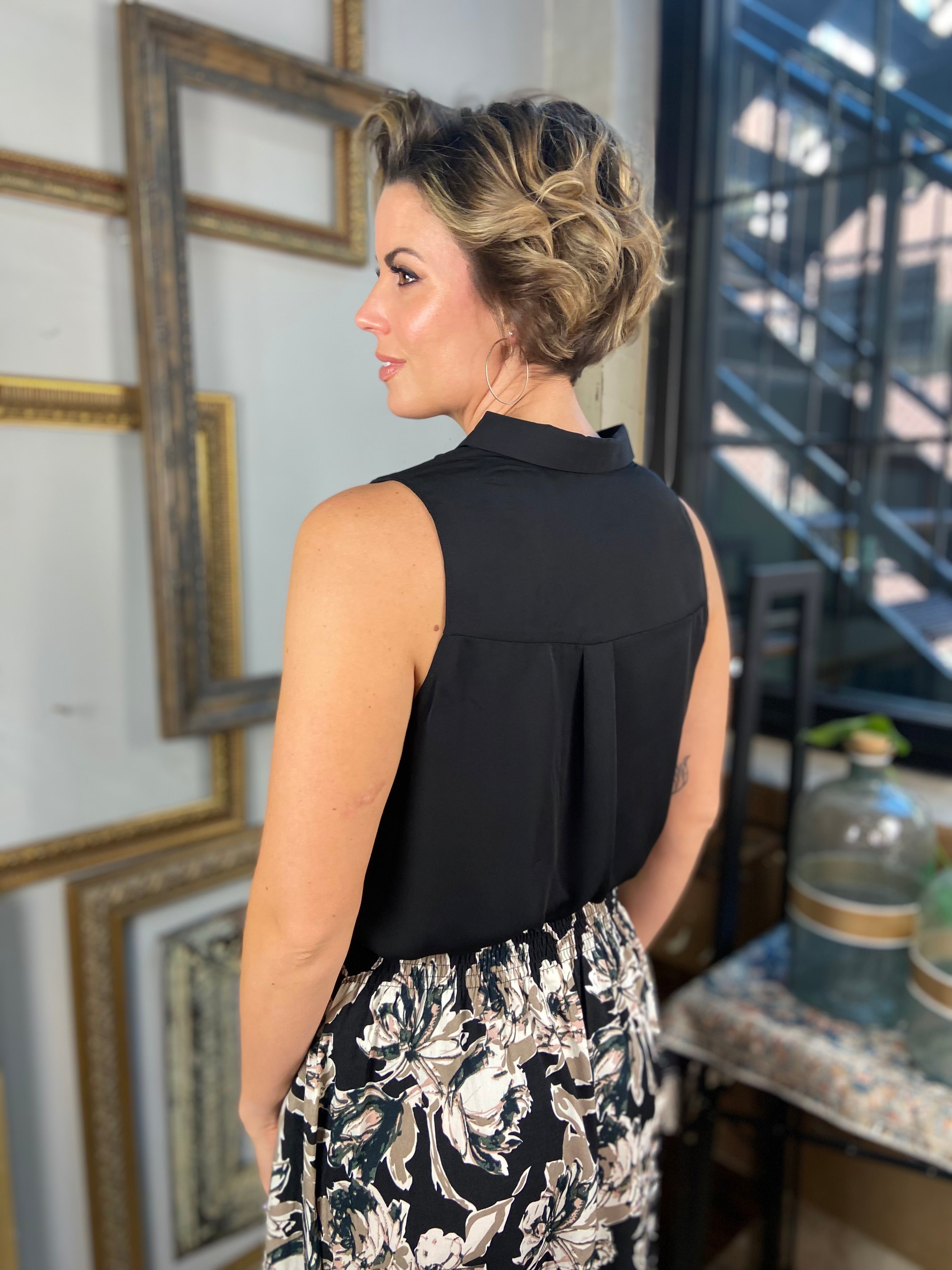 Stacy Black Sleeveless Collard V- Neck Top