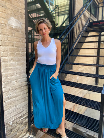 Mika Teal Smocked Waist Side Slit Midi Skirt