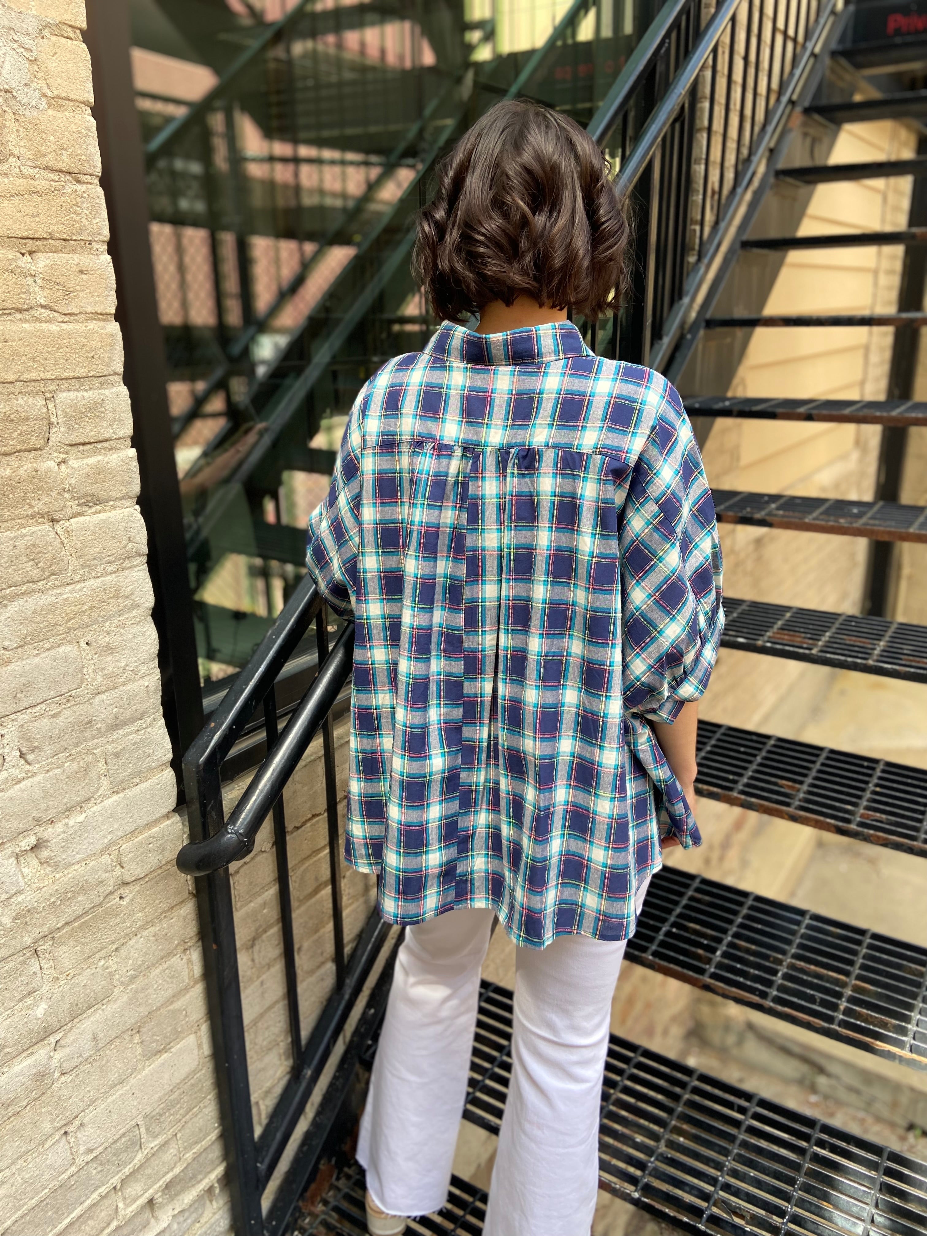 Nance Royal Blue Plaid Drop Shoulder Button Up