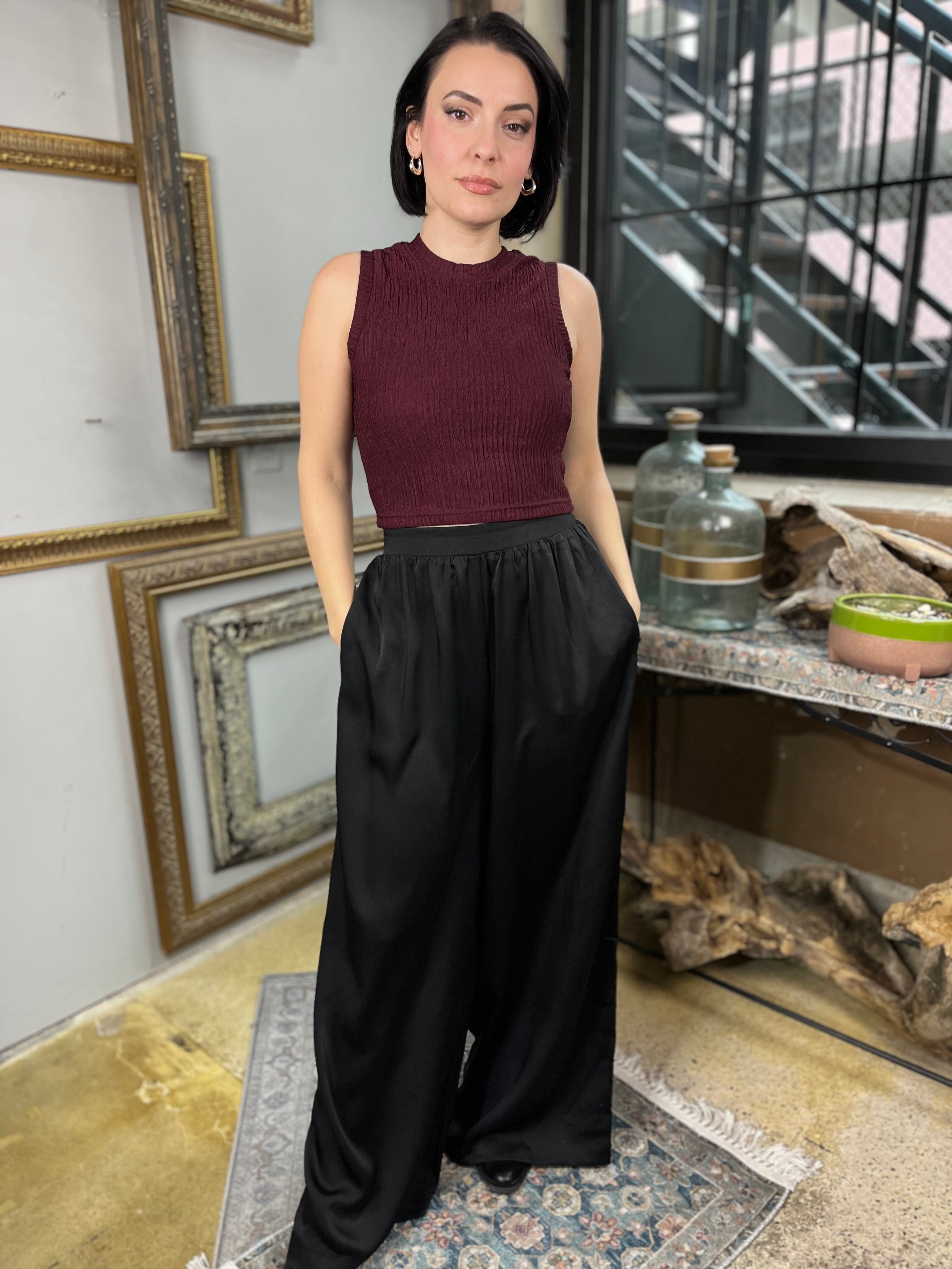 Sally Black Satin Wide Leg Pants