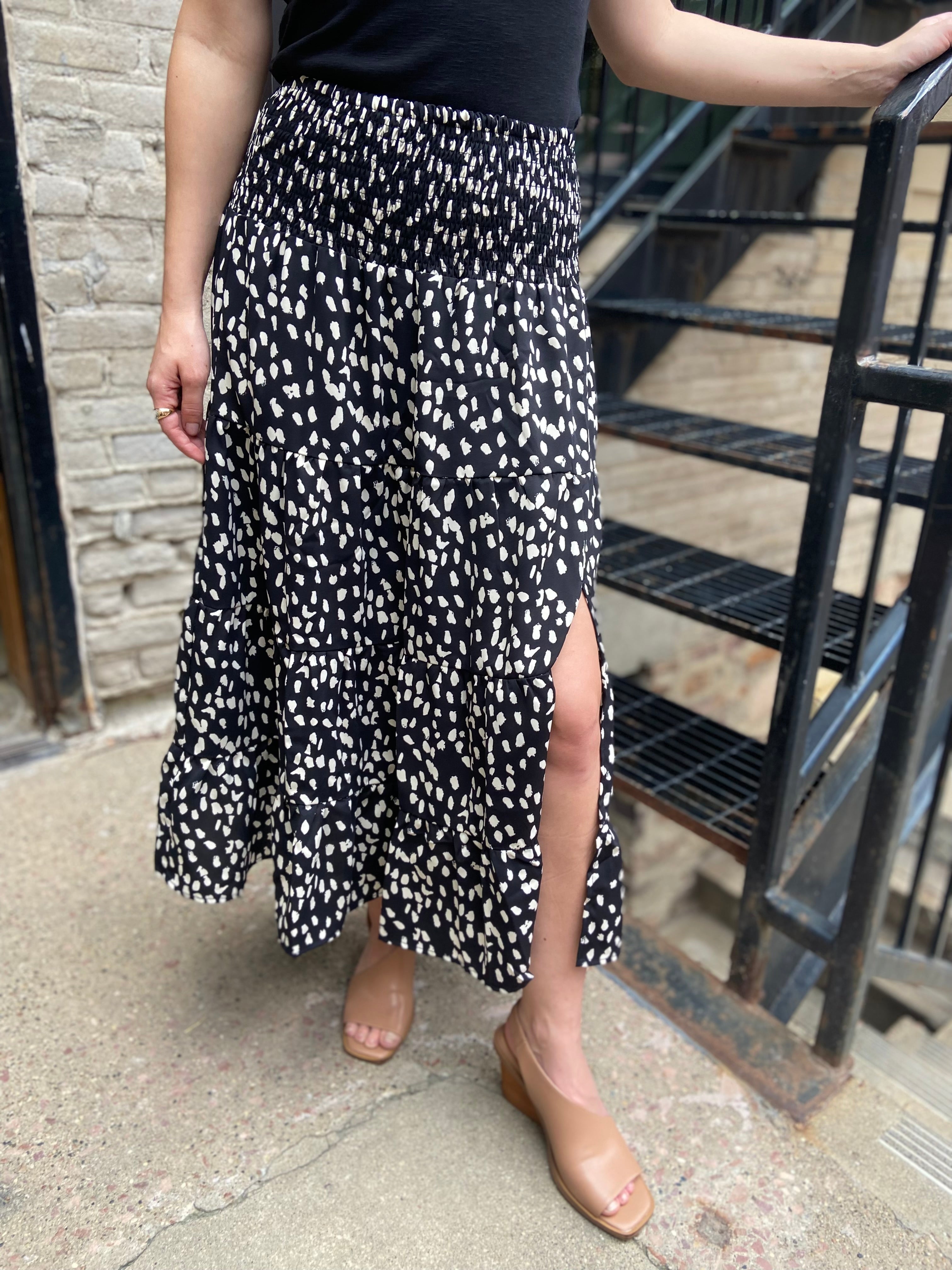 Nicola Black Pattern Slit Midi Skirt