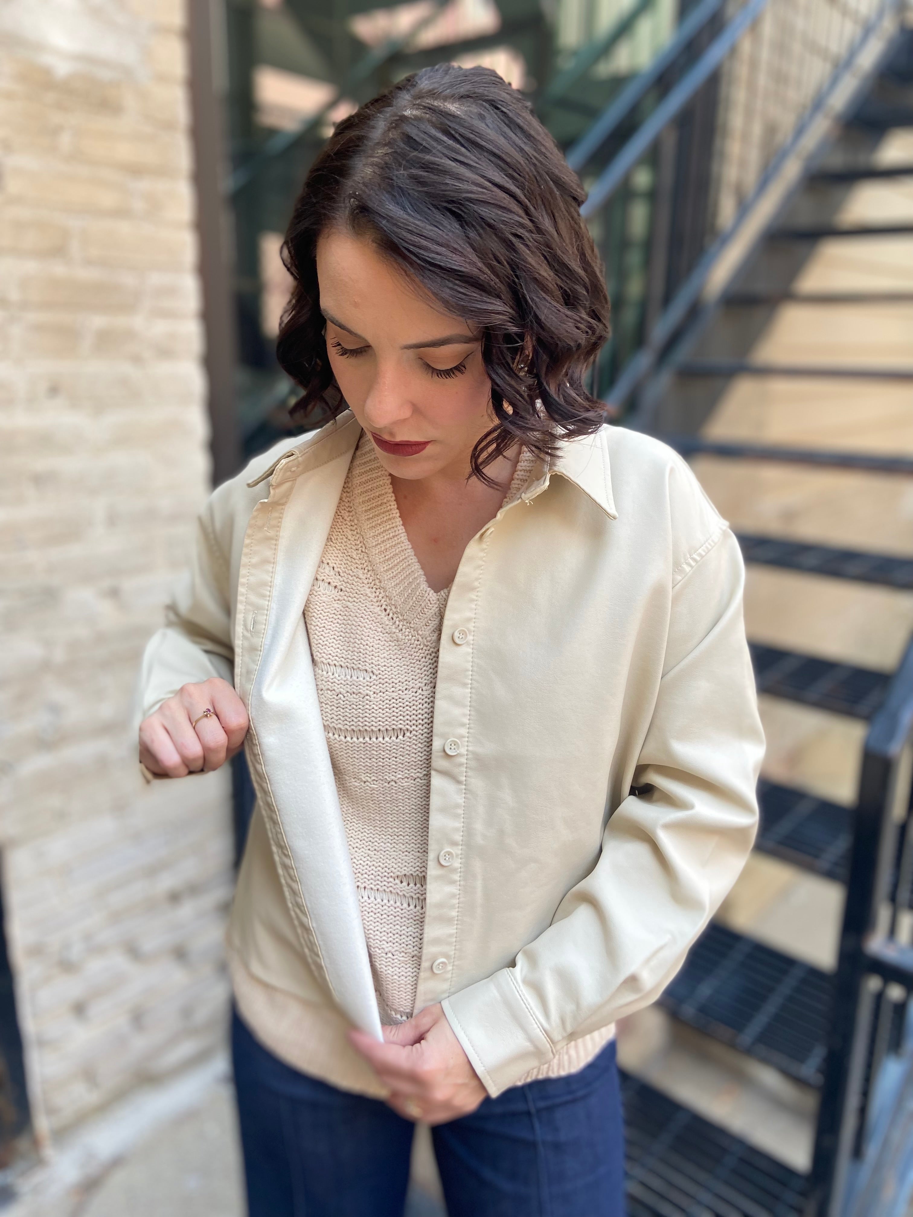 Marlowe Ecru Cropped Faux Leather Jacket