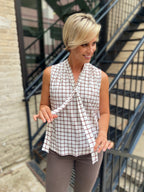 Mallory Ivory and Brown Square Print Sleeveless Blouse