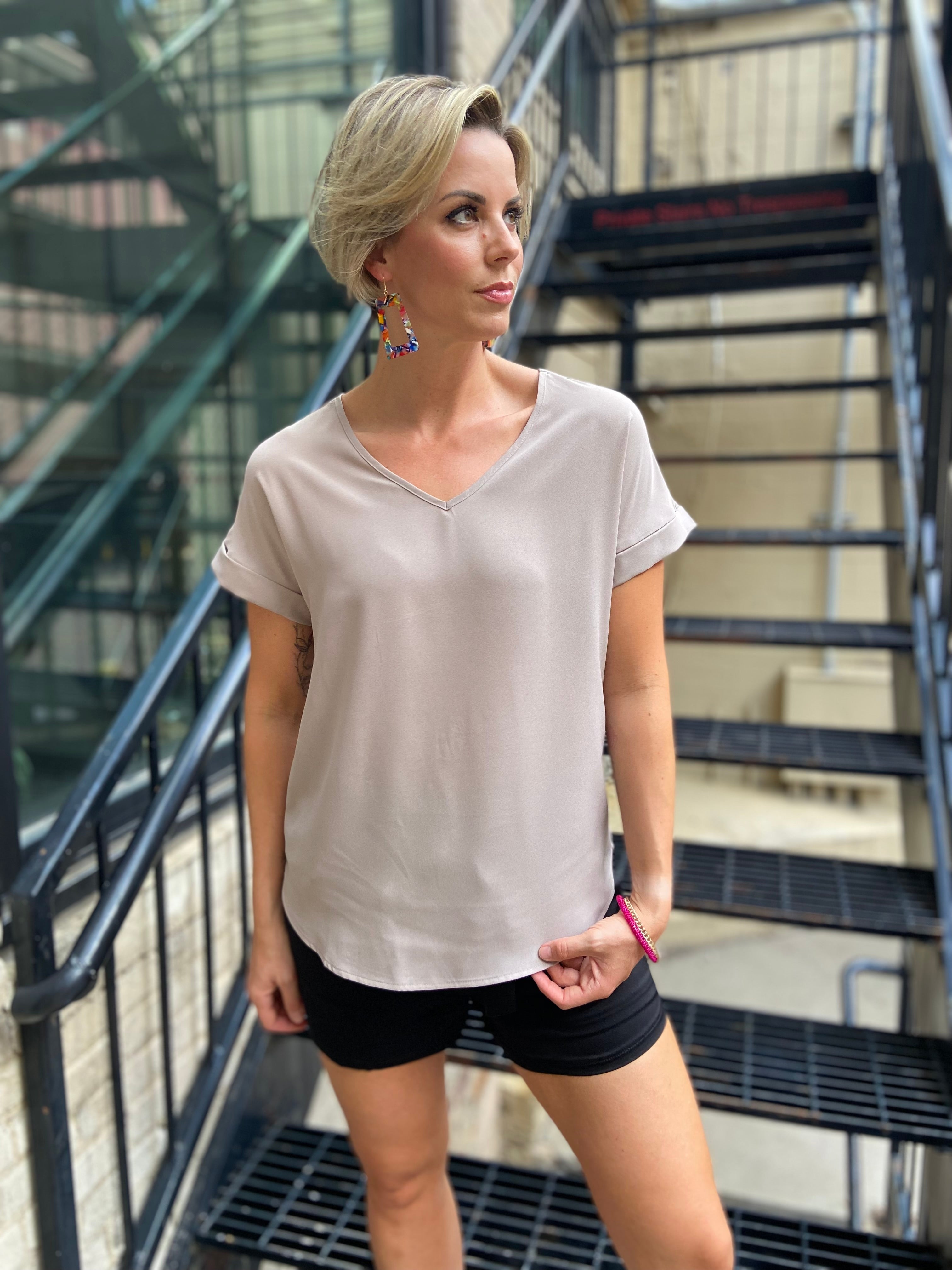 Rina Ash Mocha Cuffed Sleeve Top