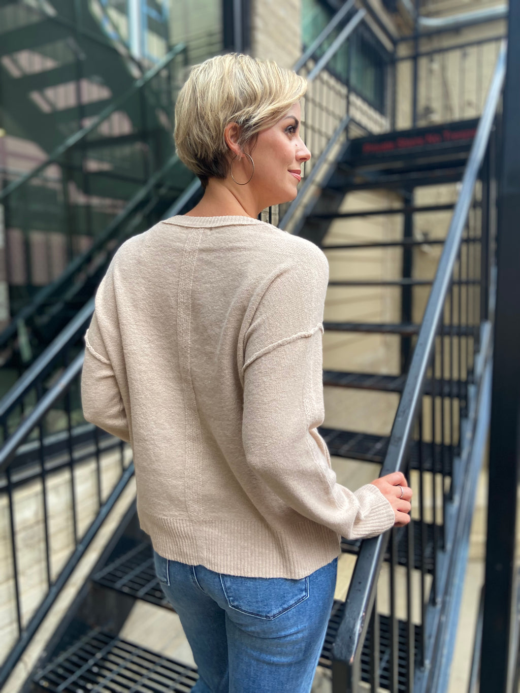 Mya Sand Raw Edge Crewneck Long Sleeve Top