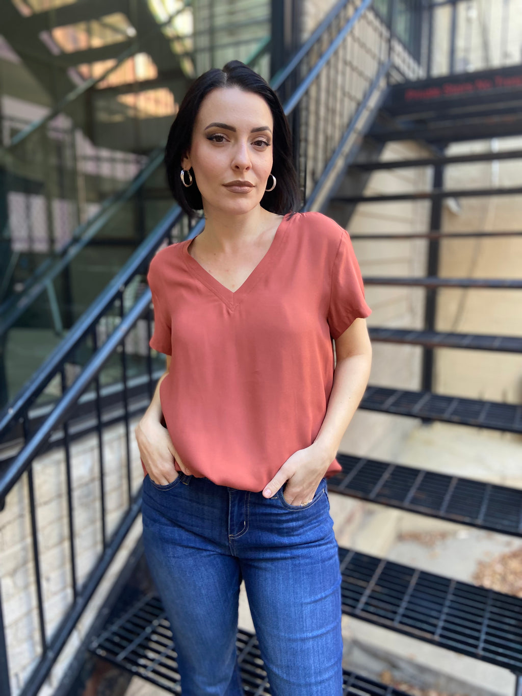 Jessie Marsala V Neck Short Sleeve Blouse