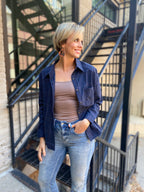 Aria Navy Pattern Button Up Top